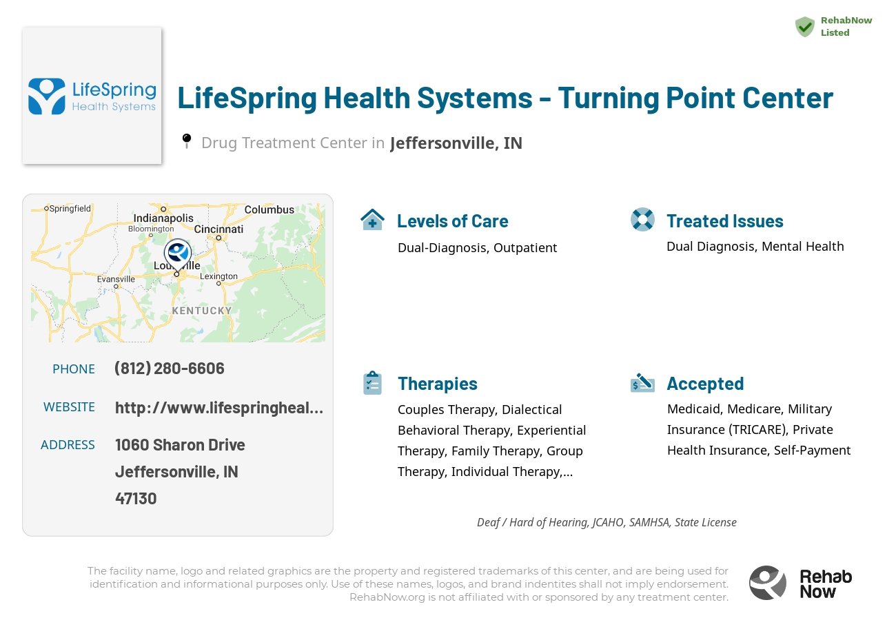 Helpful reference information for LifeSpring Health Systems - Turning Point Center, a drug treatment center in Indiana located at: 1060 Sharon Drive, Jeffersonville, IN, 47130, including phone numbers, official website, and more. Listed briefly is an overview of Levels of Care, Therapies Offered, Issues Treated, and accepted forms of Payment Methods.