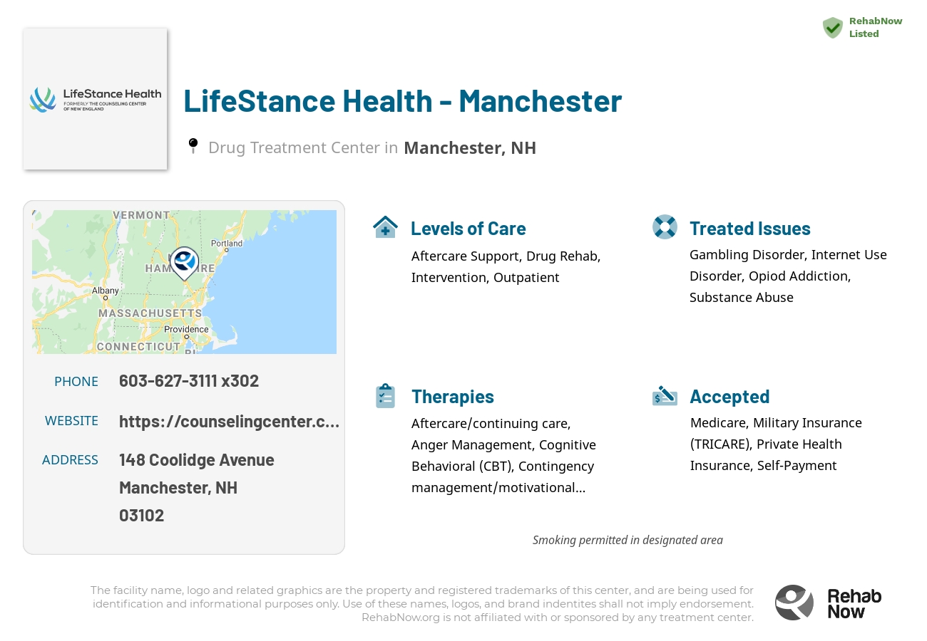 Helpful reference information for LifeStance Health - Manchester, a drug treatment center in New Hampshire located at: 148 Coolidge Avenue, Manchester, NH 03102, including phone numbers, official website, and more. Listed briefly is an overview of Levels of Care, Therapies Offered, Issues Treated, and accepted forms of Payment Methods.