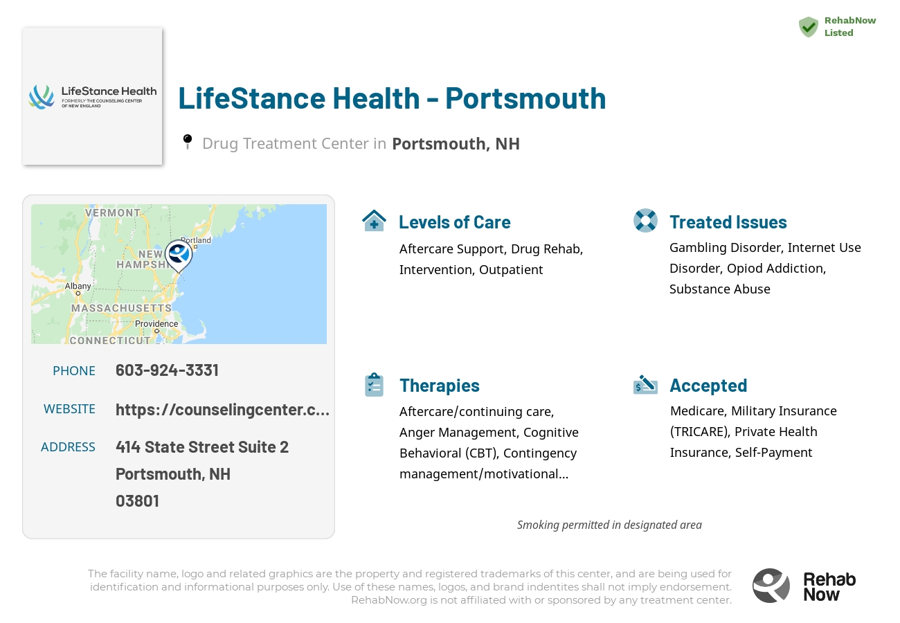 Helpful reference information for LifeStance Health - Portsmouth, a drug treatment center in New Hampshire located at: 414 State Street Suite 2, Portsmouth, NH 03801, including phone numbers, official website, and more. Listed briefly is an overview of Levels of Care, Therapies Offered, Issues Treated, and accepted forms of Payment Methods.