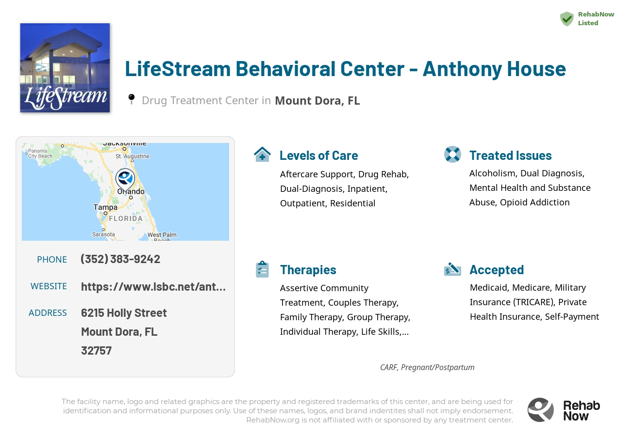 Helpful reference information for LifeStream Behavioral Center - Anthony House, a drug treatment center in Florida located at: 6215 Holly Street, Mount Dora, FL, 32757, including phone numbers, official website, and more. Listed briefly is an overview of Levels of Care, Therapies Offered, Issues Treated, and accepted forms of Payment Methods.