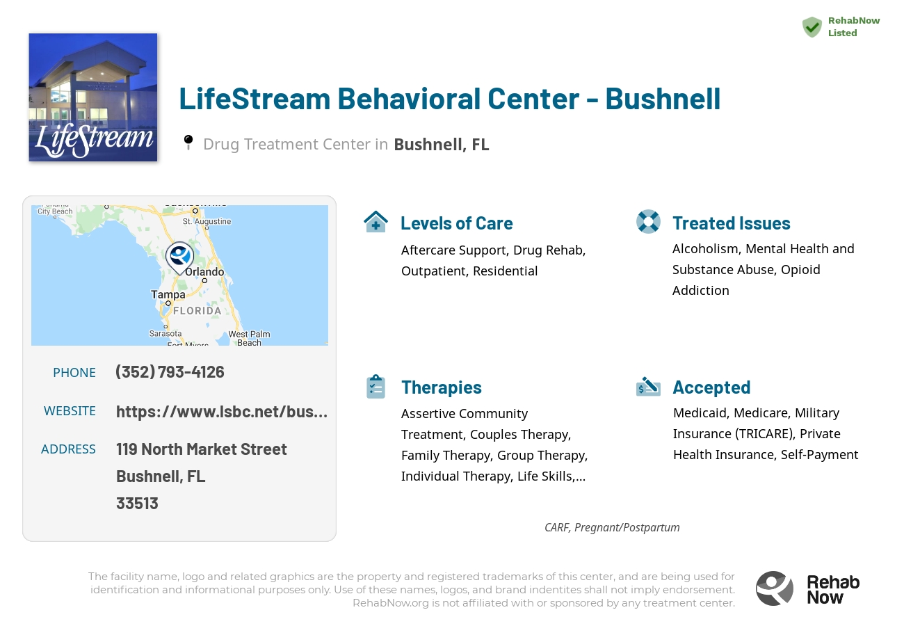 Helpful reference information for LifeStream Behavioral Center - Bushnell, a drug treatment center in Florida located at: 119 North Market Street, Bushnell, FL, 33513, including phone numbers, official website, and more. Listed briefly is an overview of Levels of Care, Therapies Offered, Issues Treated, and accepted forms of Payment Methods.