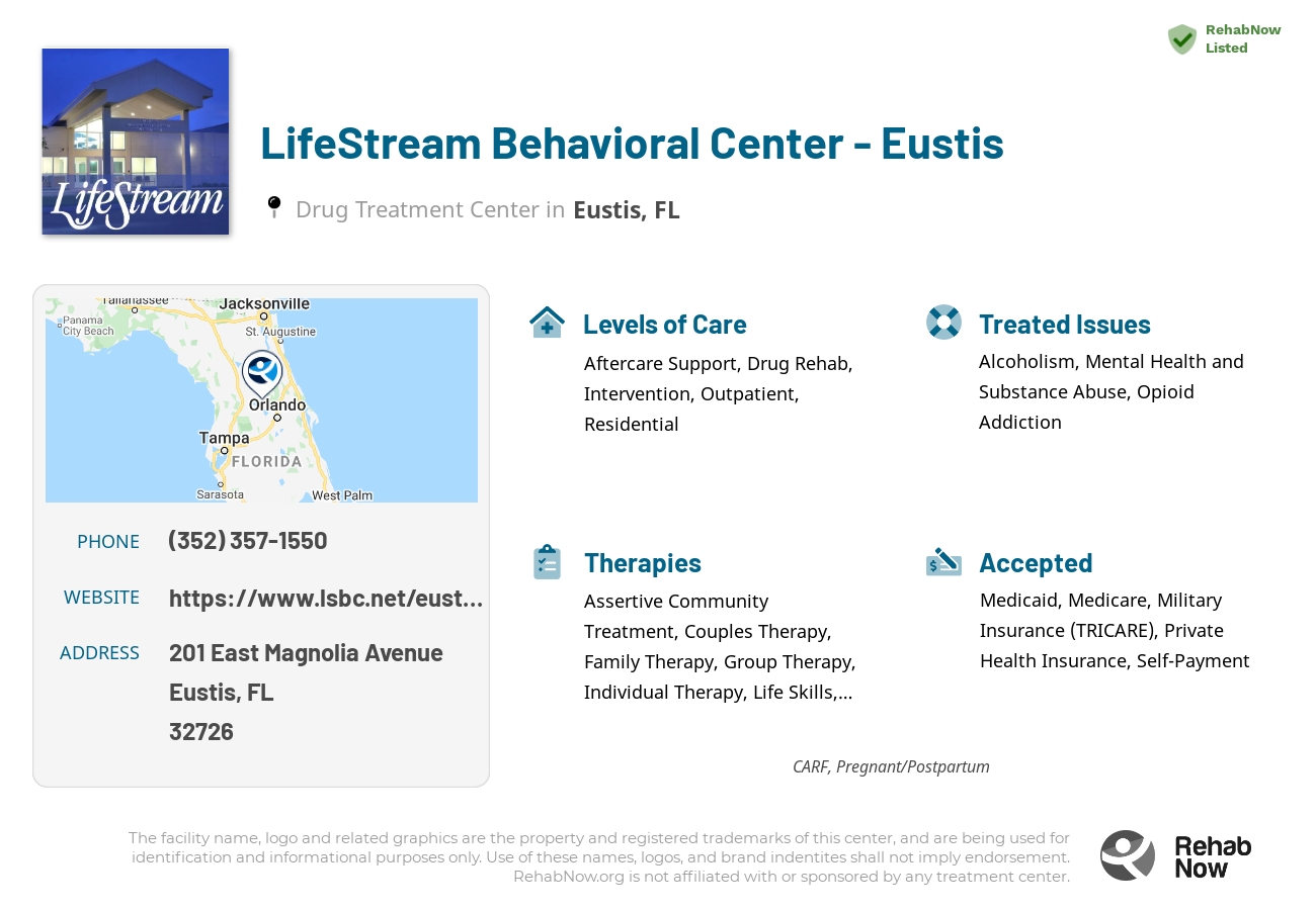 Helpful reference information for LifeStream Behavioral Center - Eustis, a drug treatment center in Florida located at: 201 East Magnolia Avenue, Eustis, FL, 32726, including phone numbers, official website, and more. Listed briefly is an overview of Levels of Care, Therapies Offered, Issues Treated, and accepted forms of Payment Methods.