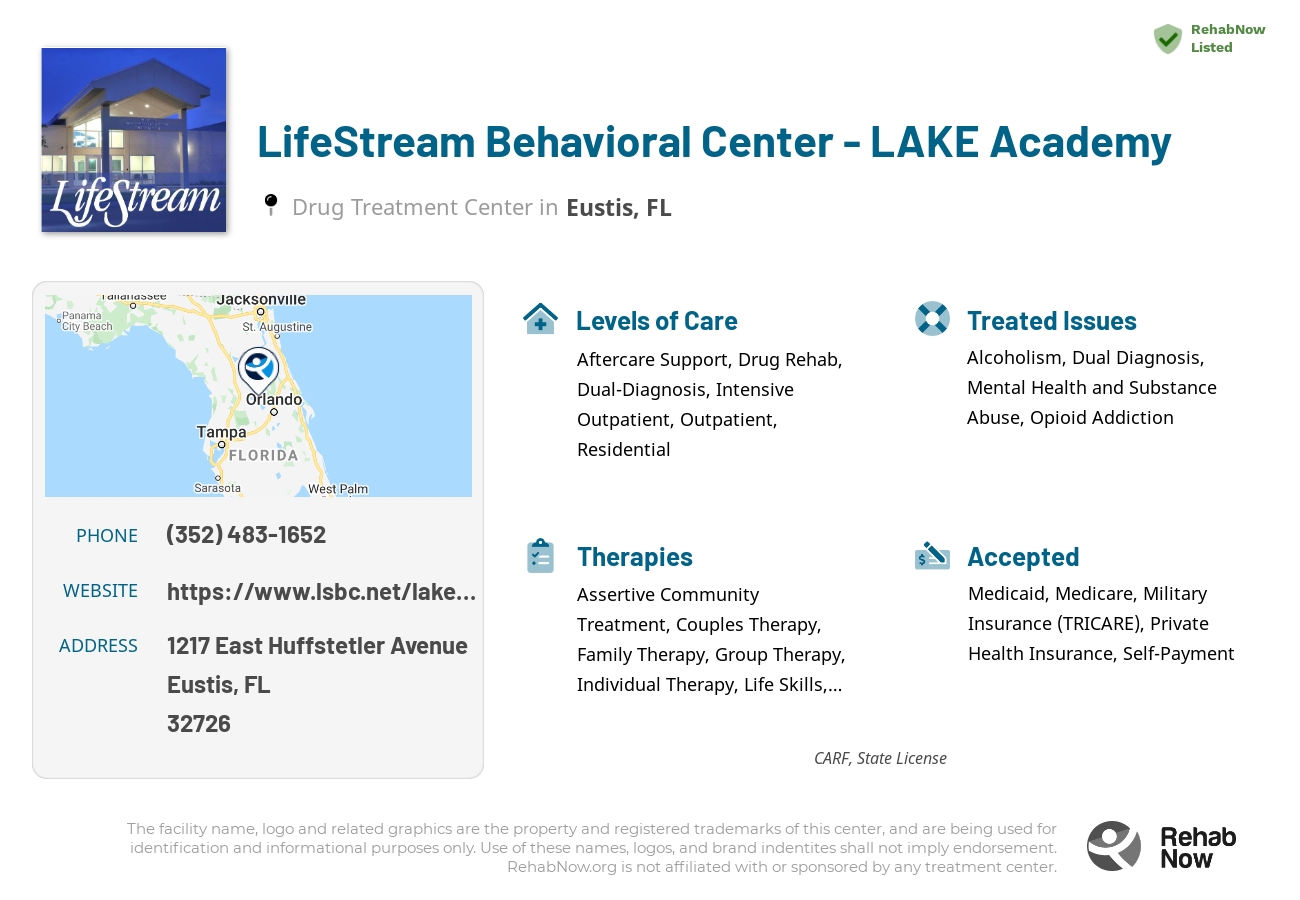 Helpful reference information for LifeStream Behavioral Center - LAKE Academy, a drug treatment center in Florida located at: 1217 East Huffstetler Avenue, Eustis, FL, 32726, including phone numbers, official website, and more. Listed briefly is an overview of Levels of Care, Therapies Offered, Issues Treated, and accepted forms of Payment Methods.