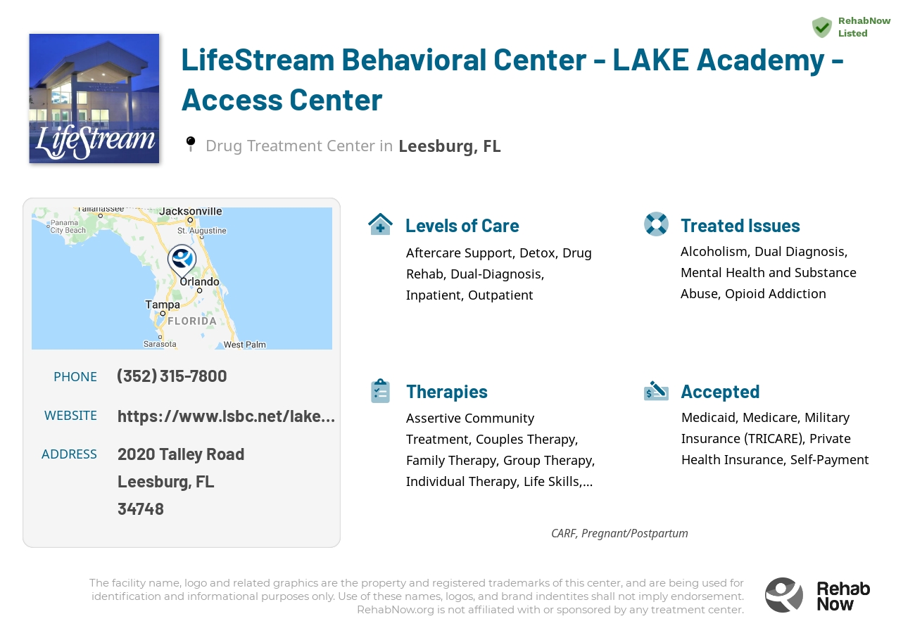 Helpful reference information for LifeStream Behavioral Center - LAKE Academy - Access Center, a drug treatment center in Florida located at: 2020 Talley Road, Leesburg, FL, 34748, including phone numbers, official website, and more. Listed briefly is an overview of Levels of Care, Therapies Offered, Issues Treated, and accepted forms of Payment Methods.