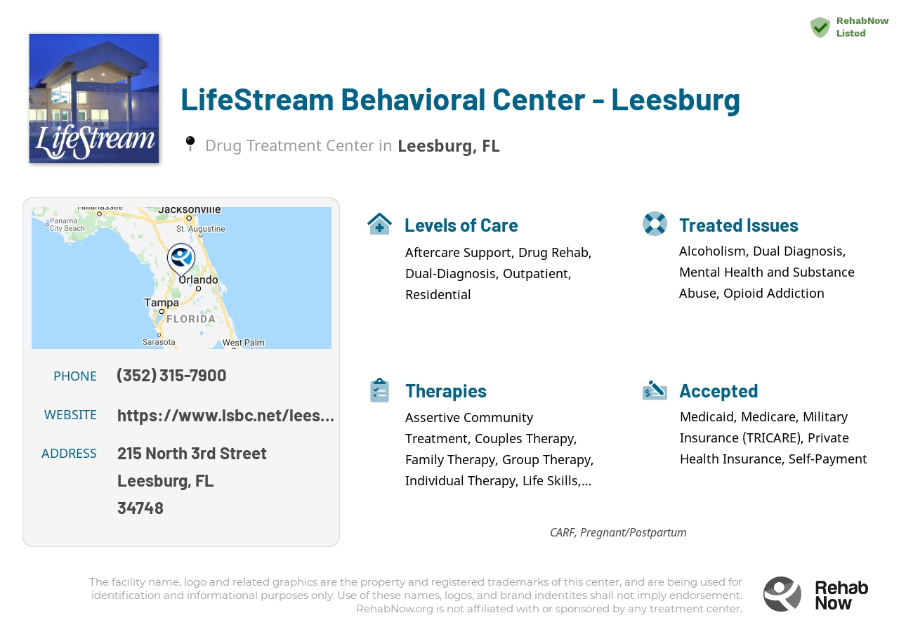 Helpful reference information for LifeStream Behavioral Center - Leesburg, a drug treatment center in Florida located at: 215 North 3rd Street, Leesburg, FL, 34748, including phone numbers, official website, and more. Listed briefly is an overview of Levels of Care, Therapies Offered, Issues Treated, and accepted forms of Payment Methods.