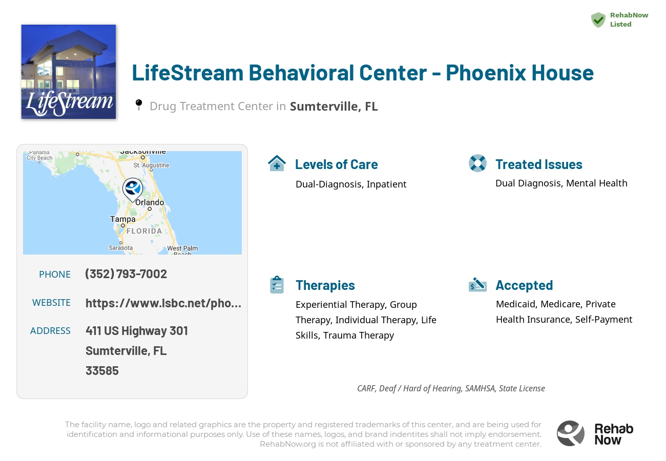 Helpful reference information for LifeStream Behavioral Center - Phoenix House, a drug treatment center in Florida located at: 411 US Highway 301, Sumterville, FL, 33585, including phone numbers, official website, and more. Listed briefly is an overview of Levels of Care, Therapies Offered, Issues Treated, and accepted forms of Payment Methods.