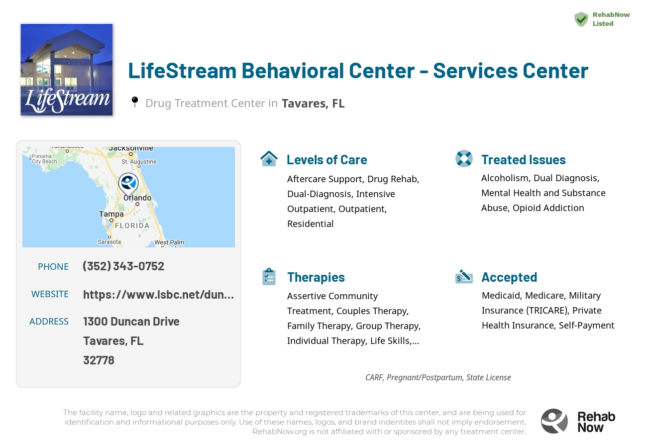 Helpful reference information for LifeStream Behavioral Center - Services Center, a drug treatment center in Florida located at: 1300 Duncan Drive, Tavares, FL, 32778, including phone numbers, official website, and more. Listed briefly is an overview of Levels of Care, Therapies Offered, Issues Treated, and accepted forms of Payment Methods.