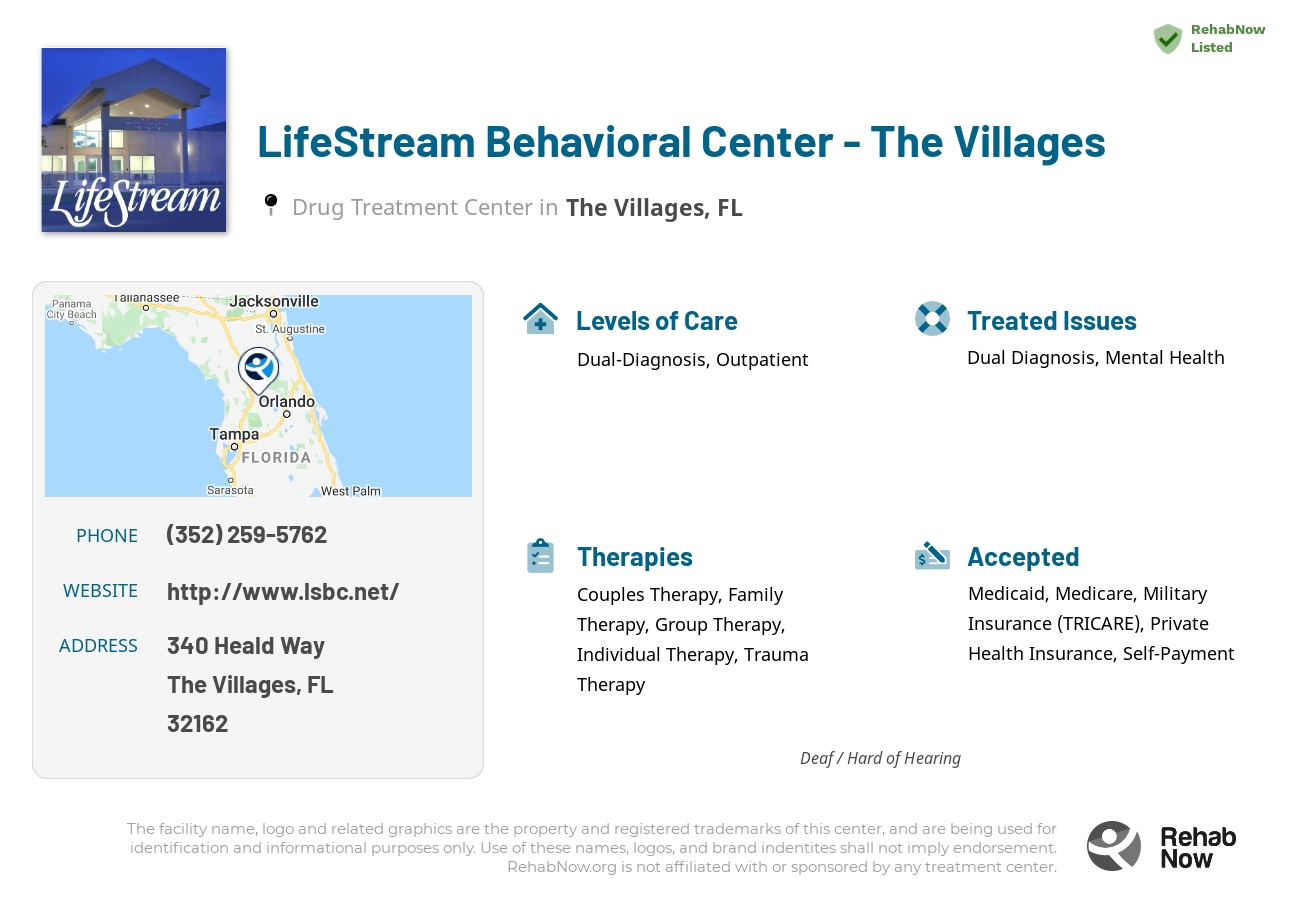 Helpful reference information for LifeStream Behavioral Center - The Villages, a drug treatment center in Florida located at: 340 Heald Way, The Villages, FL, 32162, including phone numbers, official website, and more. Listed briefly is an overview of Levels of Care, Therapies Offered, Issues Treated, and accepted forms of Payment Methods.