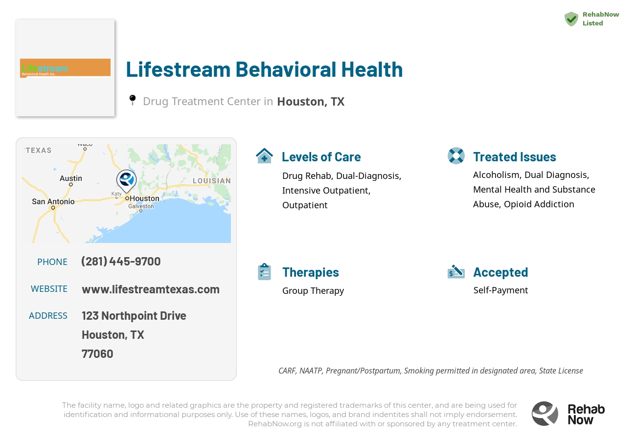 Helpful reference information for Lifestream Behavioral Health, a drug treatment center in Texas located at: 123 Northpoint Drive, Houston, TX, 77060, including phone numbers, official website, and more. Listed briefly is an overview of Levels of Care, Therapies Offered, Issues Treated, and accepted forms of Payment Methods.