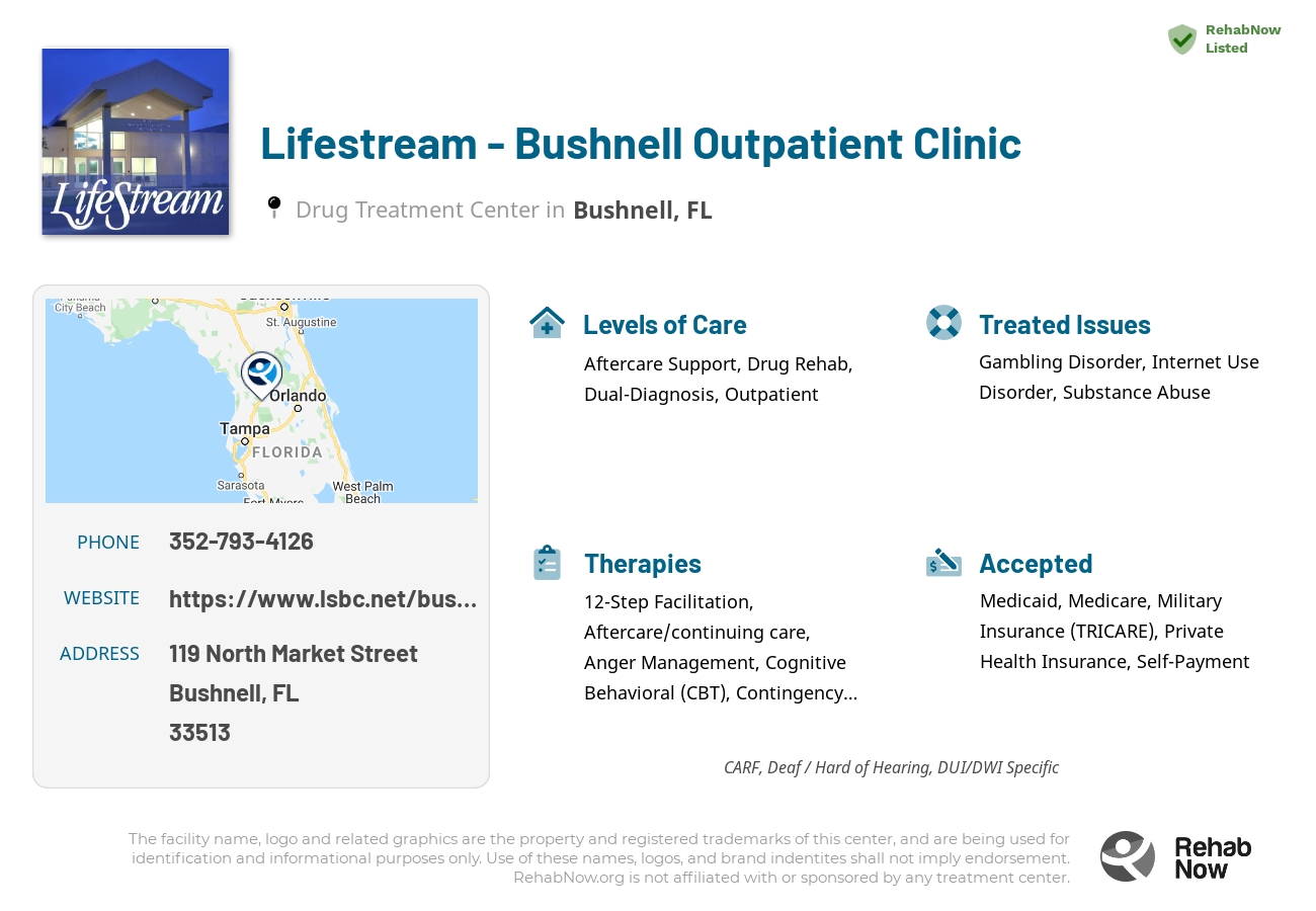 Helpful reference information for Lifestream - Bushnell Outpatient Clinic, a drug treatment center in Florida located at: 119 North Market Street, Bushnell, FL 33513, including phone numbers, official website, and more. Listed briefly is an overview of Levels of Care, Therapies Offered, Issues Treated, and accepted forms of Payment Methods.