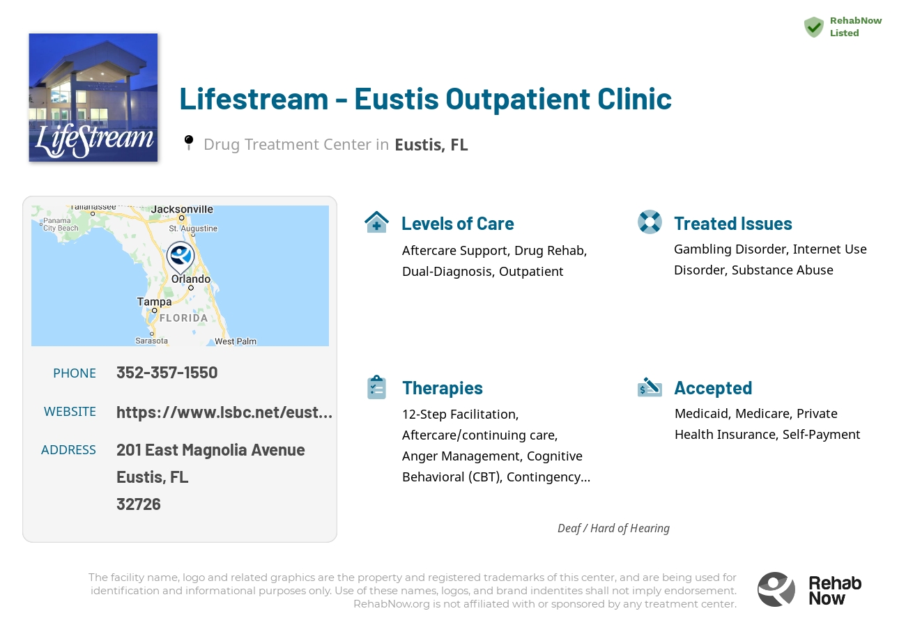 Helpful reference information for Lifestream - Eustis Outpatient Clinic, a drug treatment center in Florida located at: 201 East Magnolia Avenue, Eustis, FL 32726, including phone numbers, official website, and more. Listed briefly is an overview of Levels of Care, Therapies Offered, Issues Treated, and accepted forms of Payment Methods.