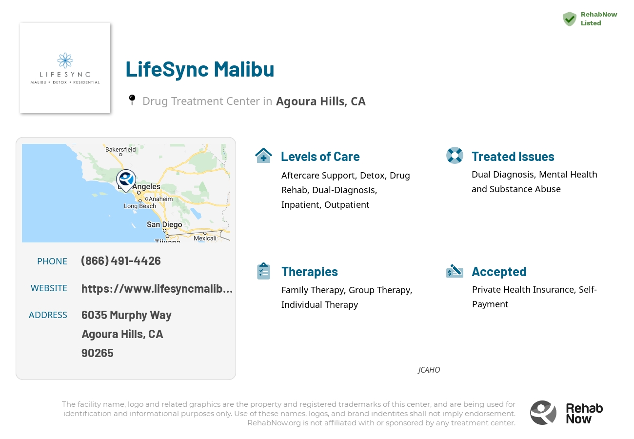 Helpful reference information for LifeSync Malibu, a drug treatment center in California located at: 6035 Murphy Way, Agoura Hills, CA, 90265, including phone numbers, official website, and more. Listed briefly is an overview of Levels of Care, Therapies Offered, Issues Treated, and accepted forms of Payment Methods.