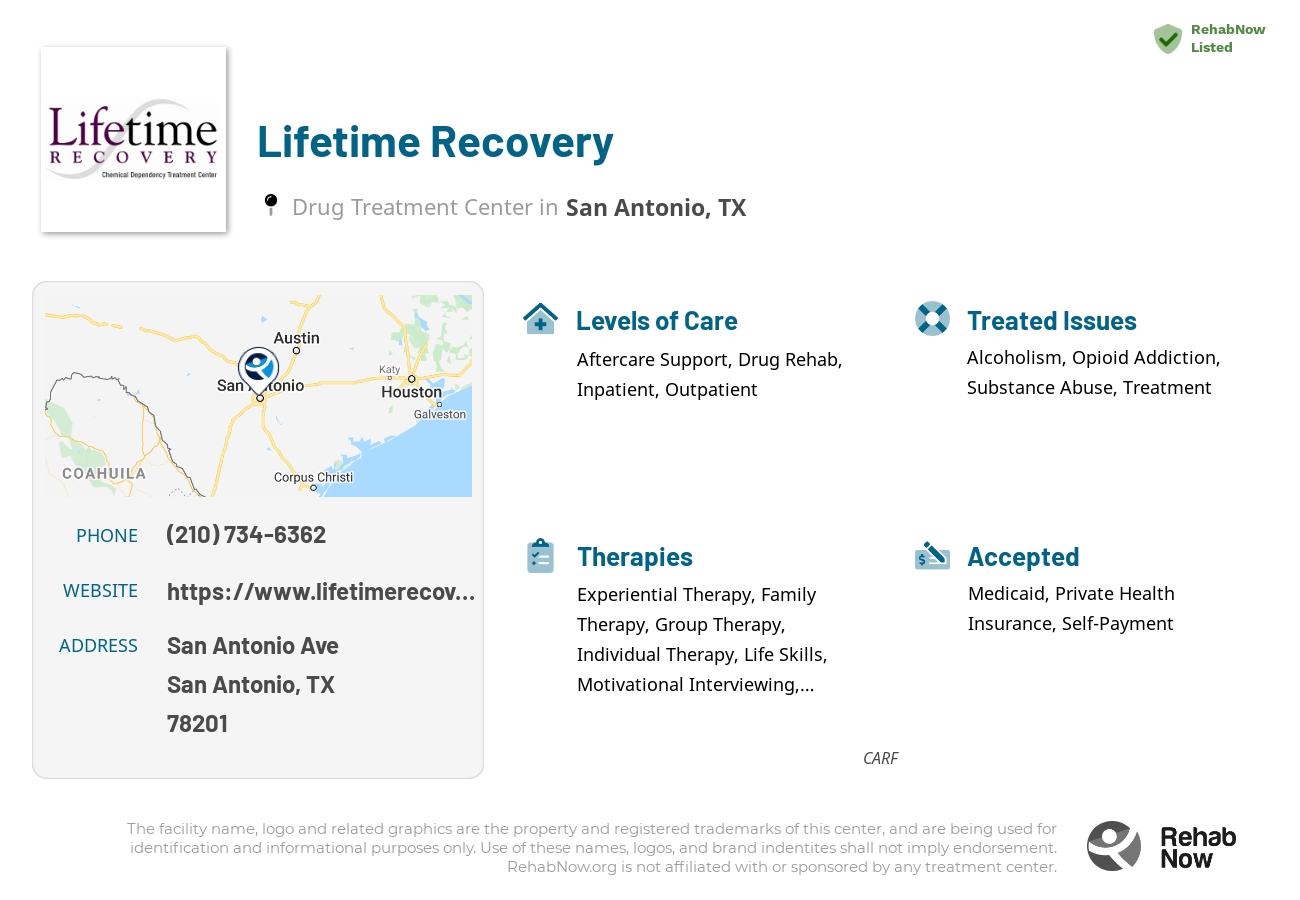 Helpful reference information for Lifetime Recovery, a drug treatment center in Texas located at: San Antonio Ave, San Antonio, TX 78201, including phone numbers, official website, and more. Listed briefly is an overview of Levels of Care, Therapies Offered, Issues Treated, and accepted forms of Payment Methods.