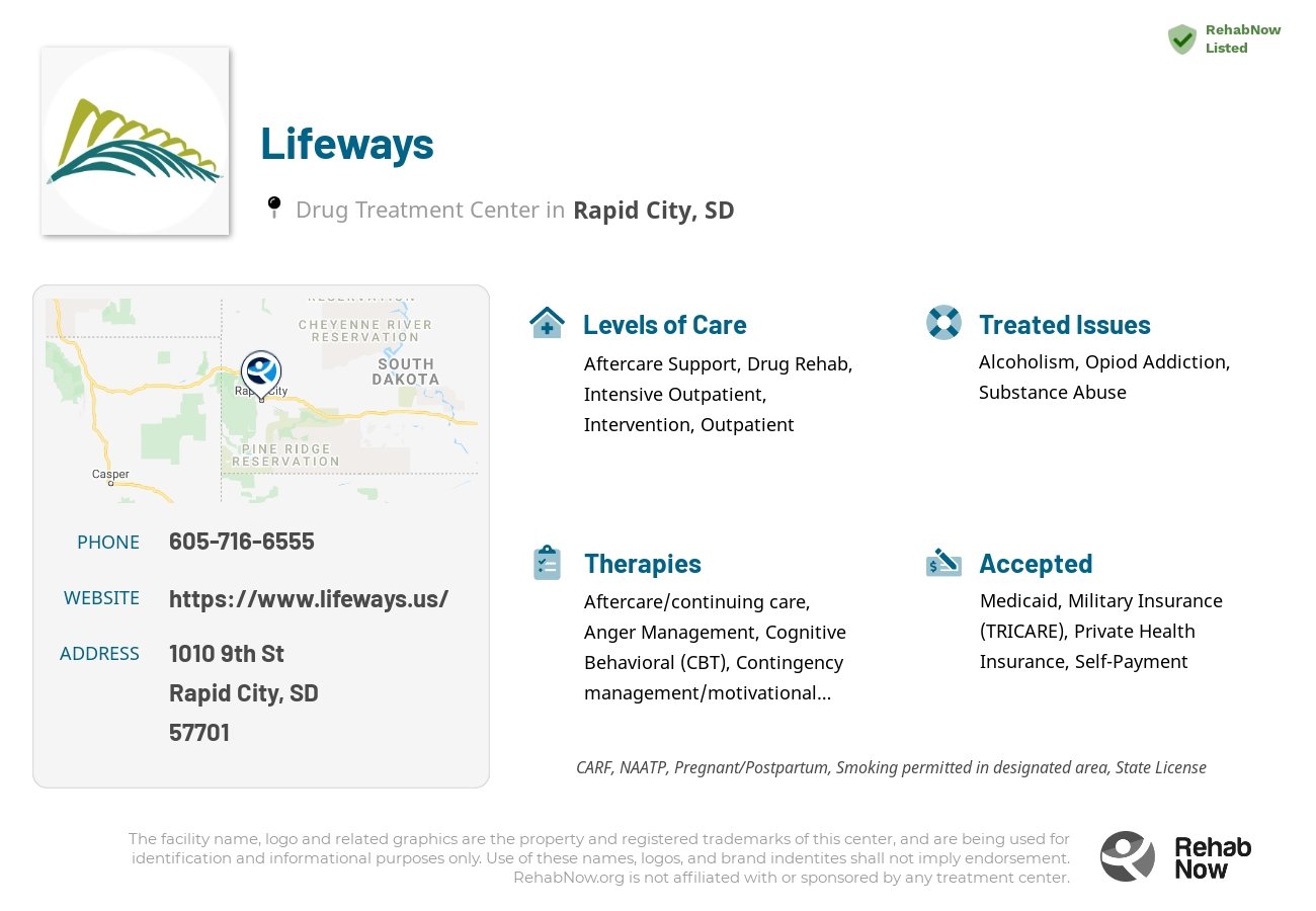 Helpful reference information for Lifeways, a drug treatment center in South Dakota located at: 1010 9th St, Rapid City, SD 57701, including phone numbers, official website, and more. Listed briefly is an overview of Levels of Care, Therapies Offered, Issues Treated, and accepted forms of Payment Methods.