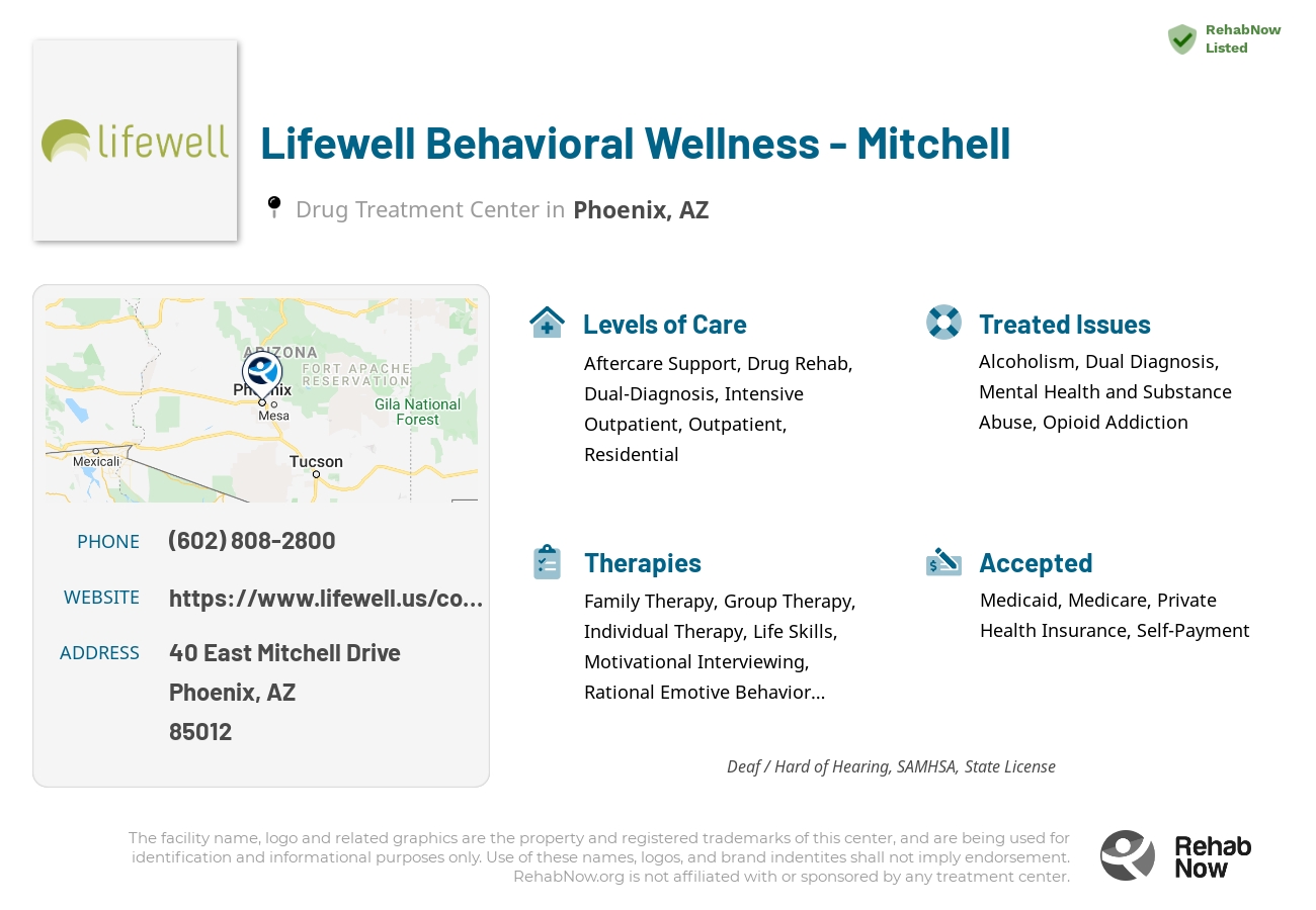 Helpful reference information for Lifewell Behavioral Wellness - Mitchell, a drug treatment center in Arizona located at: 40 East Mitchell Drive, Phoenix, AZ, 85012, including phone numbers, official website, and more. Listed briefly is an overview of Levels of Care, Therapies Offered, Issues Treated, and accepted forms of Payment Methods.