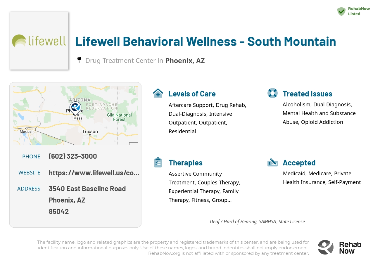 Helpful reference information for Lifewell Behavioral Wellness - South Mountain, a drug treatment center in Arizona located at: 3540 East Baseline Road, Phoenix, AZ, 85042, including phone numbers, official website, and more. Listed briefly is an overview of Levels of Care, Therapies Offered, Issues Treated, and accepted forms of Payment Methods.