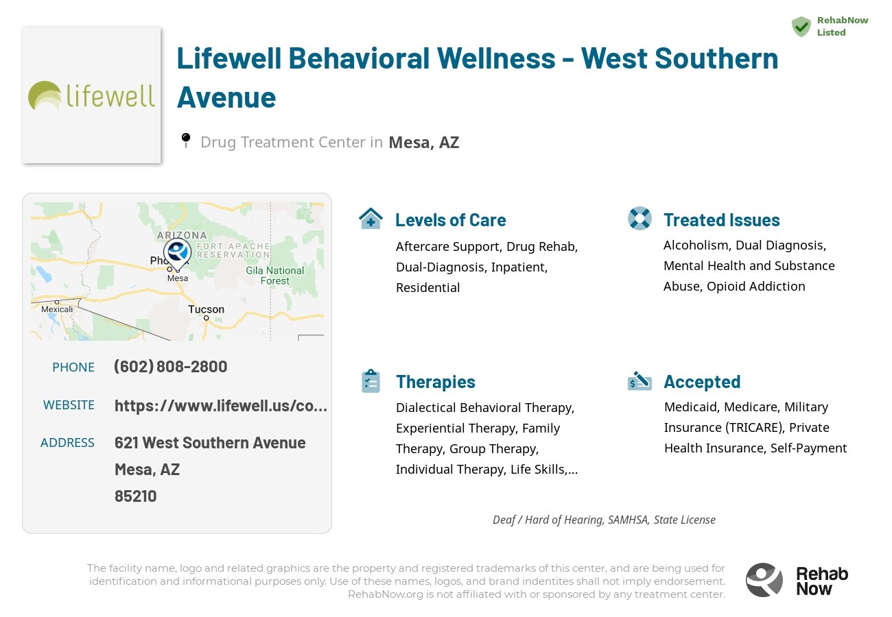 Helpful reference information for Lifewell Behavioral Wellness - West Southern Avenue, a drug treatment center in Arizona located at: 621 West Southern Avenue, Mesa, AZ, 85210, including phone numbers, official website, and more. Listed briefly is an overview of Levels of Care, Therapies Offered, Issues Treated, and accepted forms of Payment Methods.