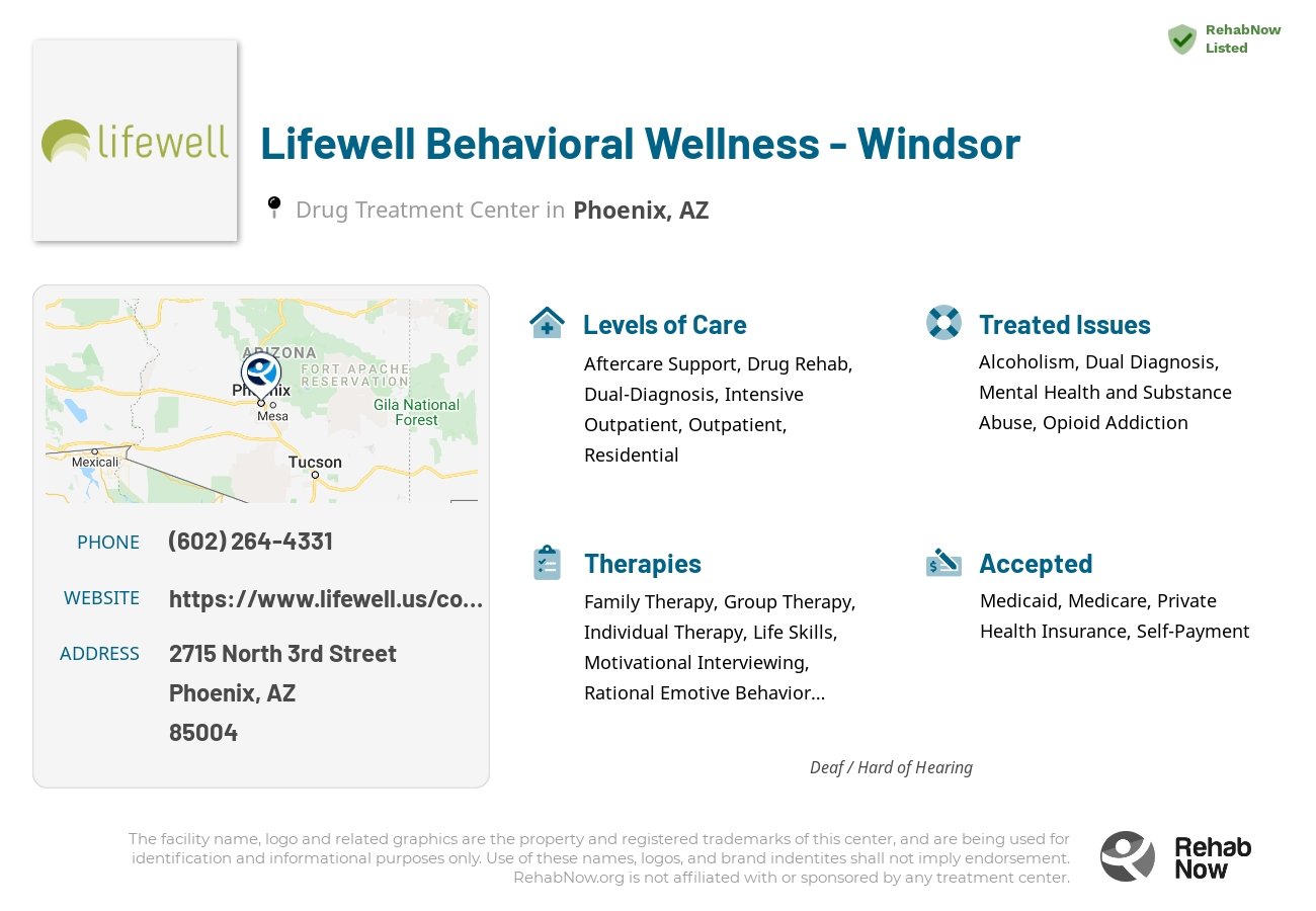 Helpful reference information for Lifewell Behavioral Wellness - Windsor, a drug treatment center in Arizona located at: 2715 North 3rd Street, Phoenix, AZ, 85004, including phone numbers, official website, and more. Listed briefly is an overview of Levels of Care, Therapies Offered, Issues Treated, and accepted forms of Payment Methods.