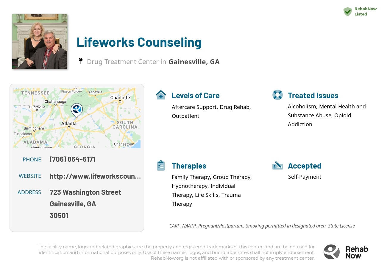 Helpful reference information for Lifeworks Counseling, a drug treatment center in Georgia located at: 723 723 Washington Street, Gainesville, GA 30501, including phone numbers, official website, and more. Listed briefly is an overview of Levels of Care, Therapies Offered, Issues Treated, and accepted forms of Payment Methods.