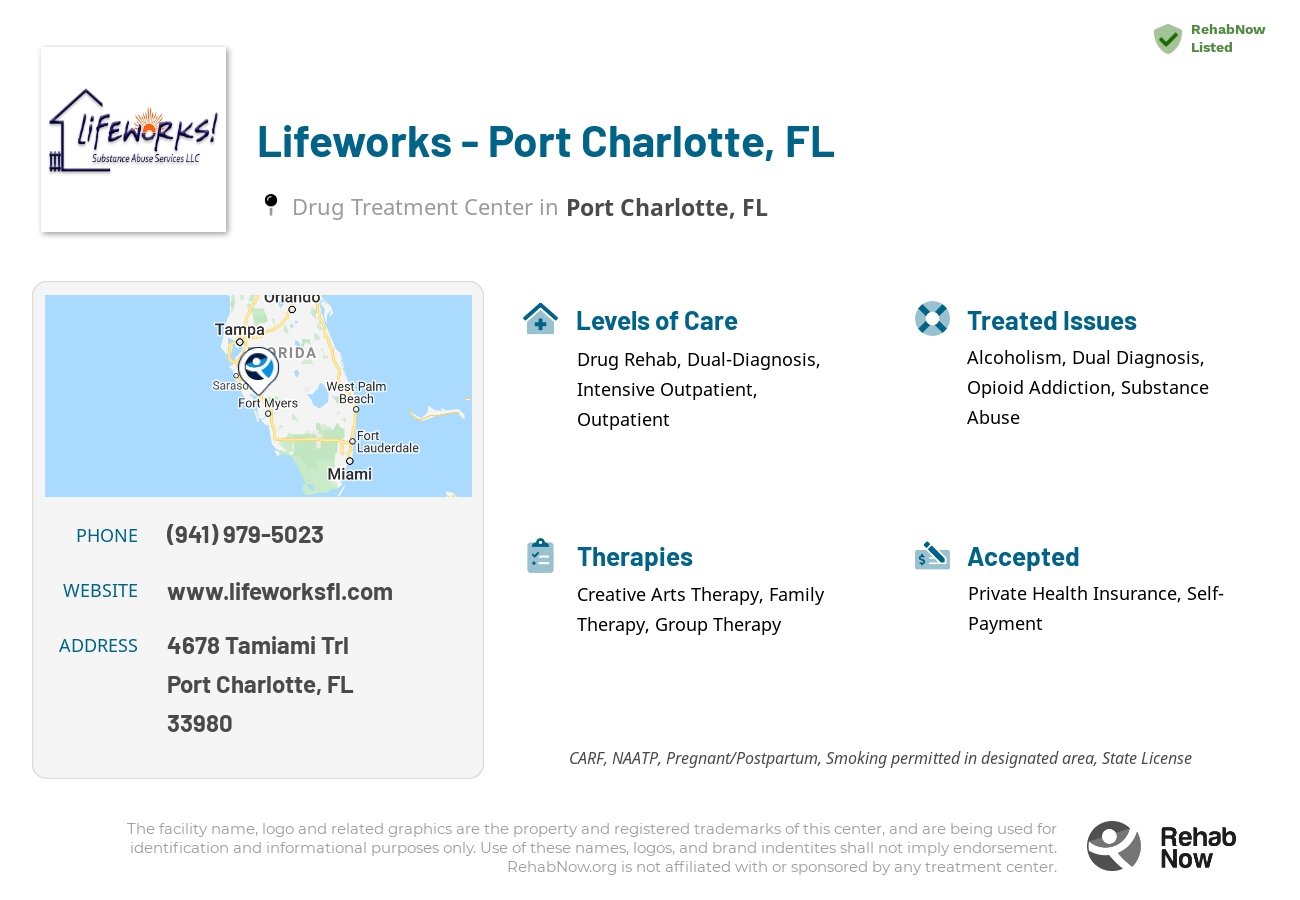 Helpful reference information for Lifeworks - Port Charlotte, FL, a drug treatment center in Florida located at: 4678 Tamiami Trail Unit 105, Port Charlotte, FL, 33980, including phone numbers, official website, and more. Listed briefly is an overview of Levels of Care, Therapies Offered, Issues Treated, and accepted forms of Payment Methods.