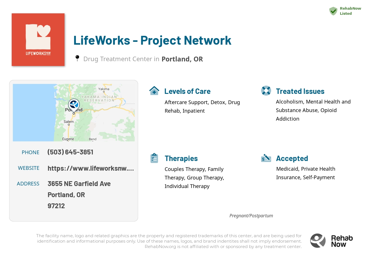 Helpful reference information for LifeWorks - Project Network, a drug treatment center in Oregon located at: 3655 NE Garfield Ave, Portland, OR 97212, including phone numbers, official website, and more. Listed briefly is an overview of Levels of Care, Therapies Offered, Issues Treated, and accepted forms of Payment Methods.