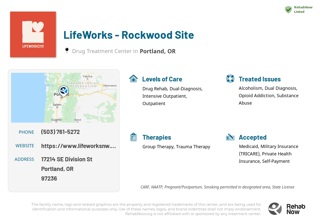 Helpful reference information for LifeWorks - Rockwood Site, a drug treatment center in Oregon located at: 17214 SE Division St, Portland, OR 97236, including phone numbers, official website, and more. Listed briefly is an overview of Levels of Care, Therapies Offered, Issues Treated, and accepted forms of Payment Methods.
