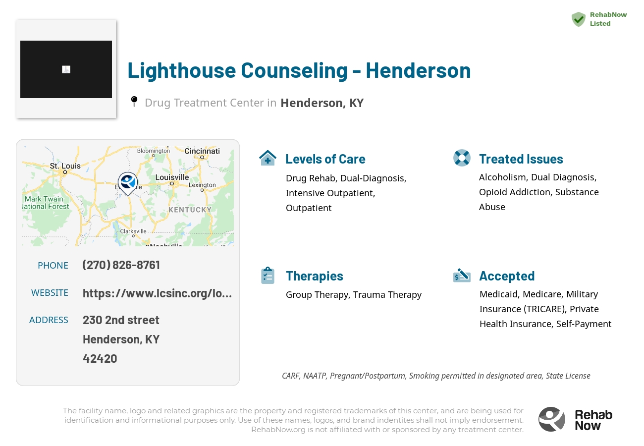 Helpful reference information for Lighthouse Counseling - Henderson, a drug treatment center in Kentucky located at: 230 2nd street, Henderson, KY, 42420, including phone numbers, official website, and more. Listed briefly is an overview of Levels of Care, Therapies Offered, Issues Treated, and accepted forms of Payment Methods.