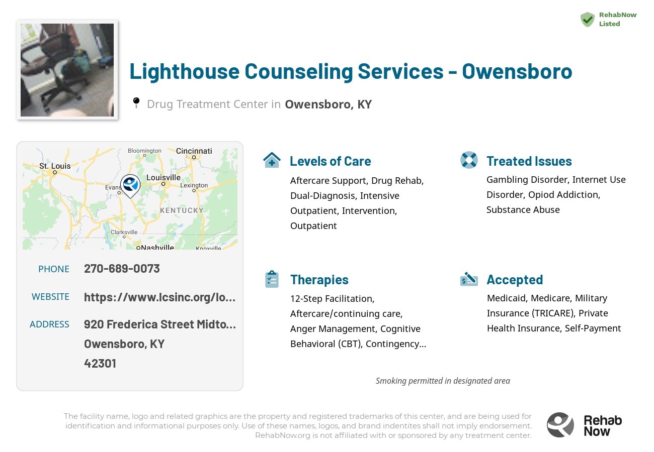 Helpful reference information for Lighthouse Counseling Services - Owensboro, a drug treatment center in Kentucky located at: 920 Frederica Street Midtown Building Suite 407, Owensboro, KY 42301, including phone numbers, official website, and more. Listed briefly is an overview of Levels of Care, Therapies Offered, Issues Treated, and accepted forms of Payment Methods.