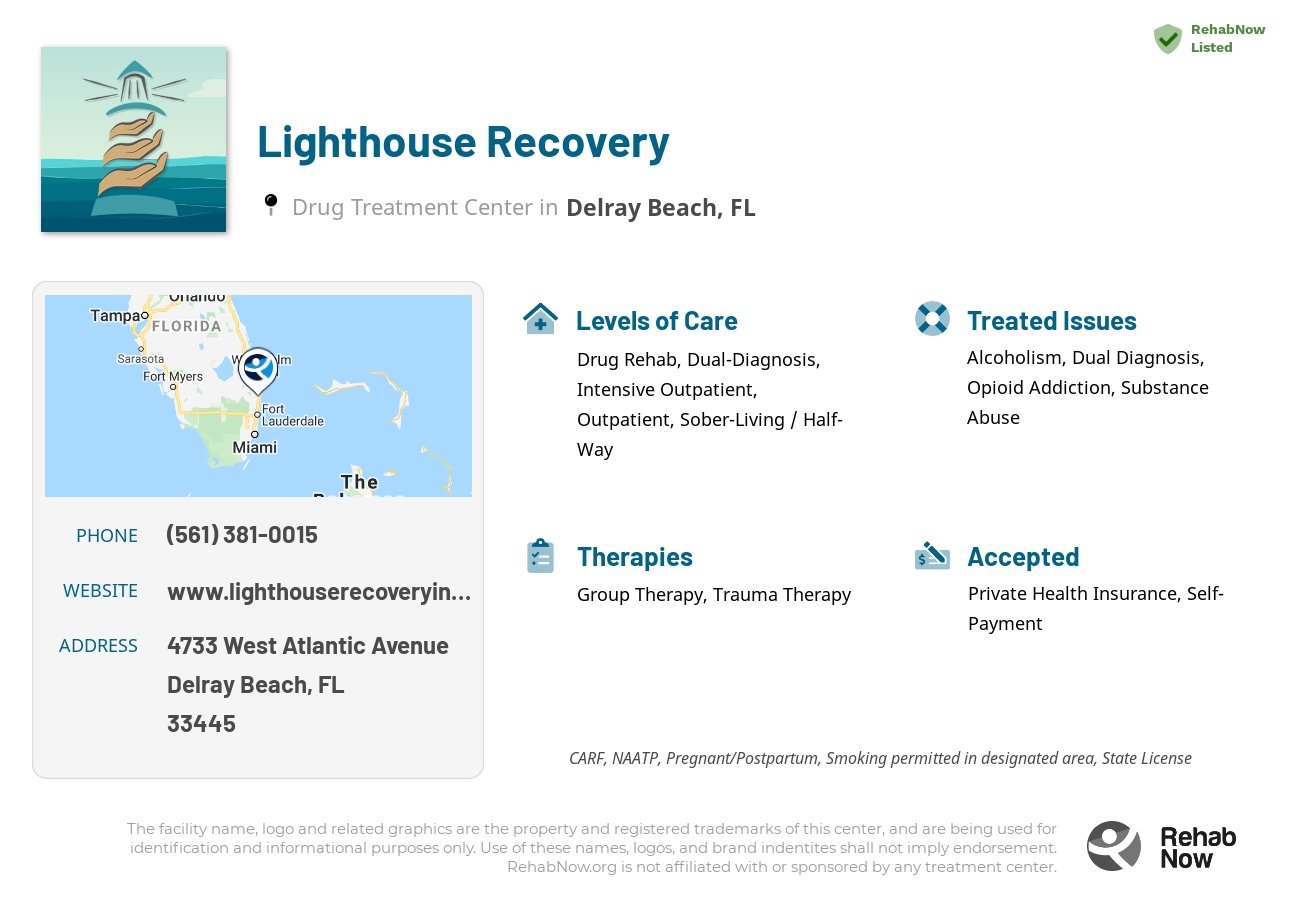 Helpful reference information for Lighthouse Recovery, a drug treatment center in Florida located at: 4733 West Atlantic Avenue, Delray Beach, FL, 33445, including phone numbers, official website, and more. Listed briefly is an overview of Levels of Care, Therapies Offered, Issues Treated, and accepted forms of Payment Methods.