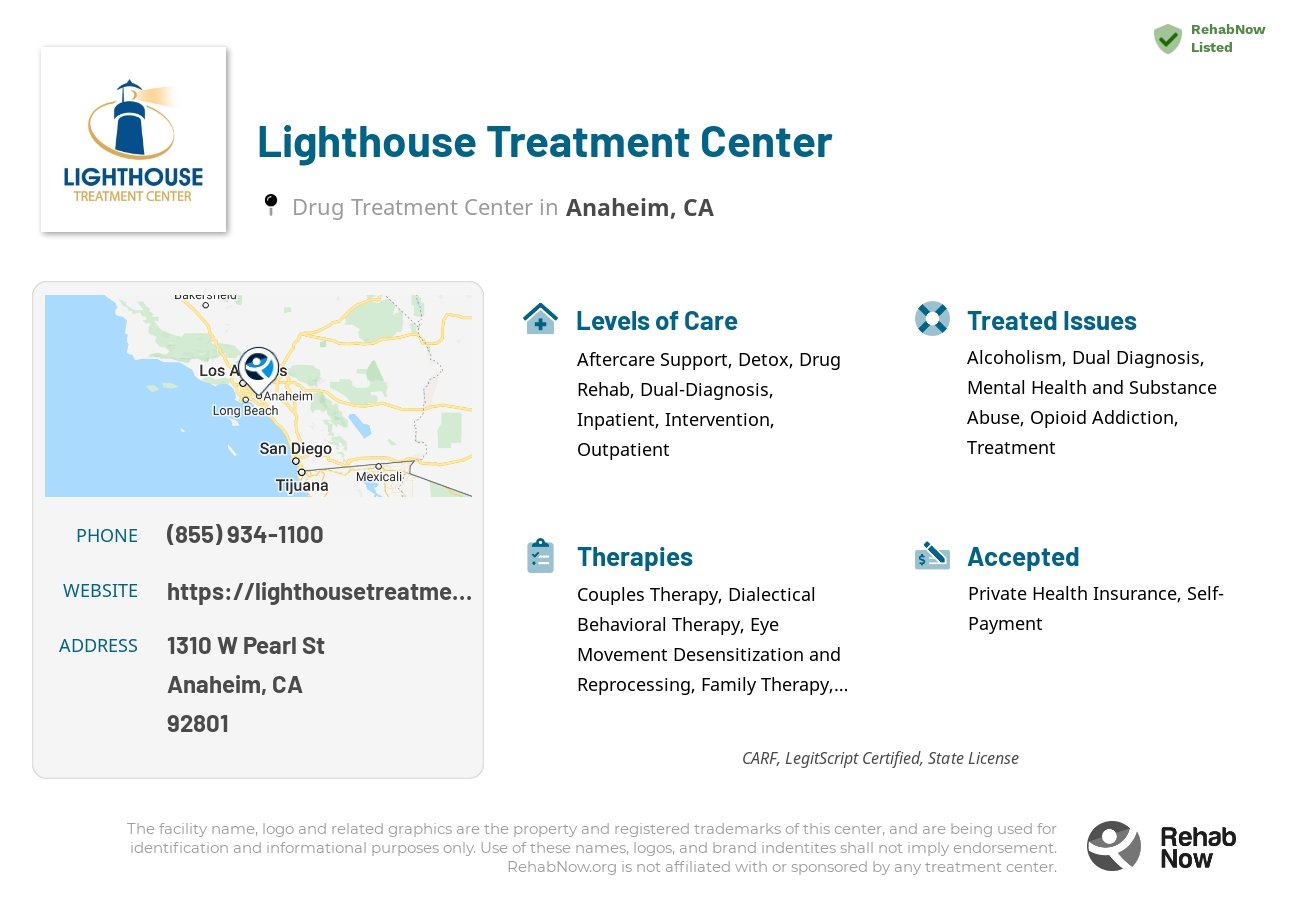 Helpful reference information for Lighthouse Treatment Center, a drug treatment center in California located at: 1310 W Pearl St, Anaheim, CA 92801, including phone numbers, official website, and more. Listed briefly is an overview of Levels of Care, Therapies Offered, Issues Treated, and accepted forms of Payment Methods.