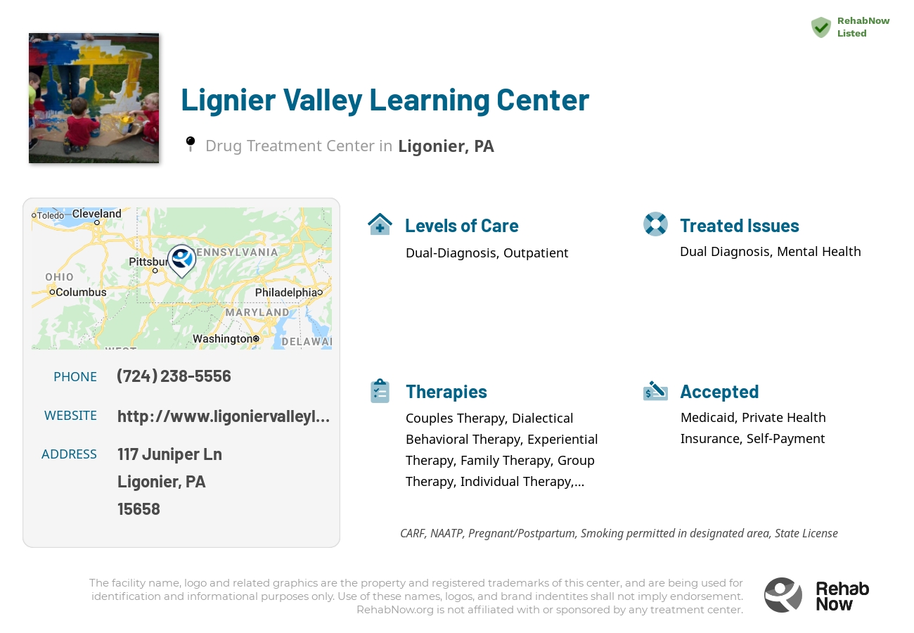 Helpful reference information for Lignier Valley Learning Center, a drug treatment center in Pennsylvania located at: 117 Juniper Ln, Ligonier, PA 15658, including phone numbers, official website, and more. Listed briefly is an overview of Levels of Care, Therapies Offered, Issues Treated, and accepted forms of Payment Methods.