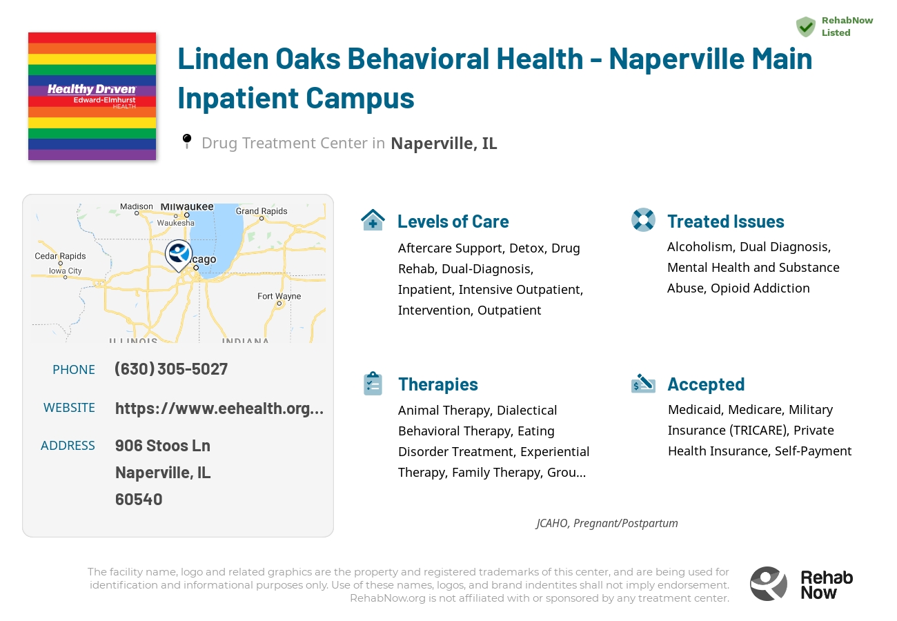 Helpful reference information for Linden Oaks Behavioral Health - Naperville Main Inpatient Campus, a drug treatment center in Illinois located at: 906 Stoos Ln, Naperville, IL 60540, including phone numbers, official website, and more. Listed briefly is an overview of Levels of Care, Therapies Offered, Issues Treated, and accepted forms of Payment Methods.
