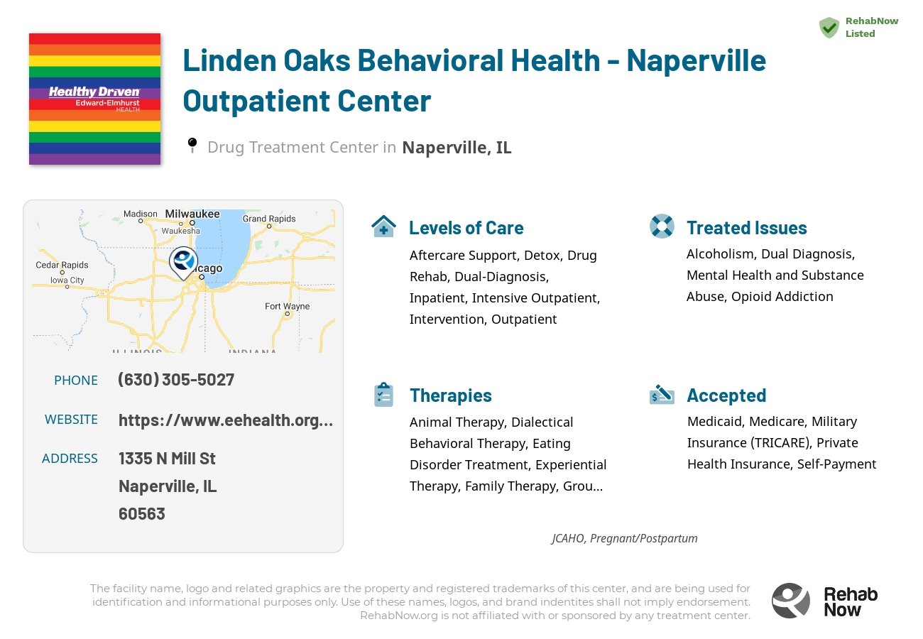 Helpful reference information for Linden Oaks Behavioral Health - Naperville Outpatient Center, a drug treatment center in Illinois located at: 1335 N Mill St, Naperville, IL 60563, including phone numbers, official website, and more. Listed briefly is an overview of Levels of Care, Therapies Offered, Issues Treated, and accepted forms of Payment Methods.