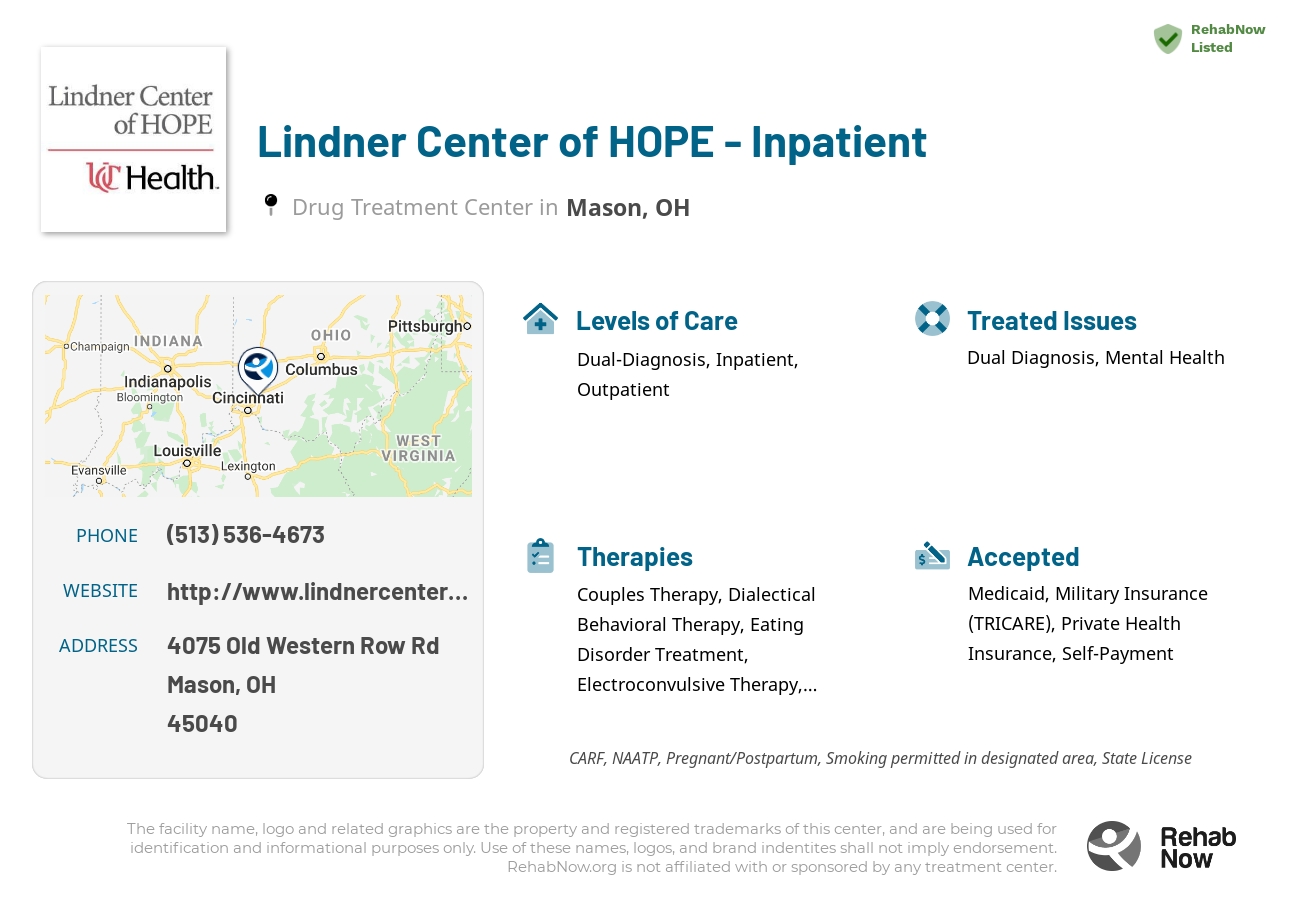 Helpful reference information for Lindner Center of HOPE - Inpatient, a drug treatment center in Ohio located at: 4075 Old Western Row Rd, Mason, OH 45040, including phone numbers, official website, and more. Listed briefly is an overview of Levels of Care, Therapies Offered, Issues Treated, and accepted forms of Payment Methods.
