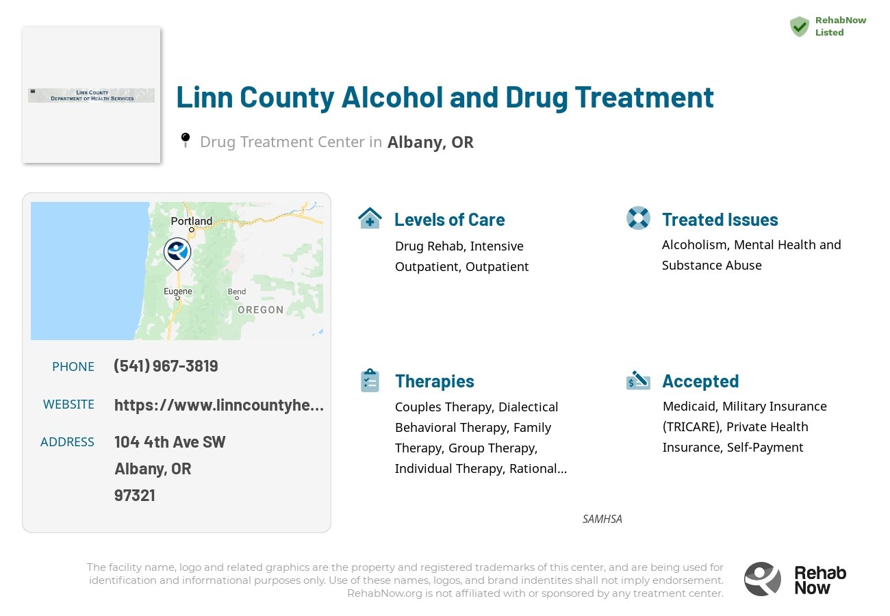 Helpful reference information for Linn County Alcohol and Drug Treatment, a drug treatment center in Oregon located at: 104 4th Ave SW, Albany, OR 97321, including phone numbers, official website, and more. Listed briefly is an overview of Levels of Care, Therapies Offered, Issues Treated, and accepted forms of Payment Methods.