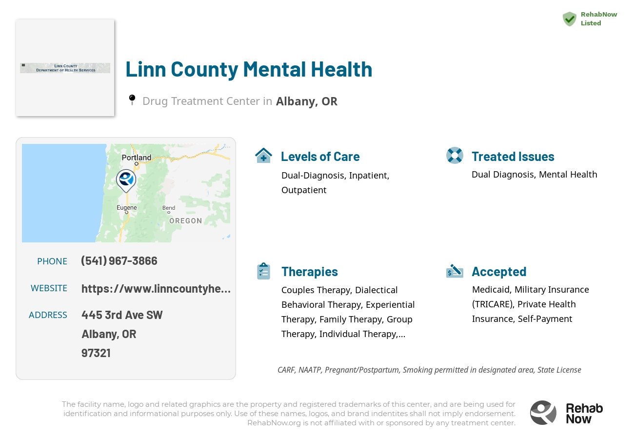 Helpful reference information for Linn County Mental Health, a drug treatment center in Oregon located at: 445 3rd Ave SW, Albany, OR 97321, including phone numbers, official website, and more. Listed briefly is an overview of Levels of Care, Therapies Offered, Issues Treated, and accepted forms of Payment Methods.