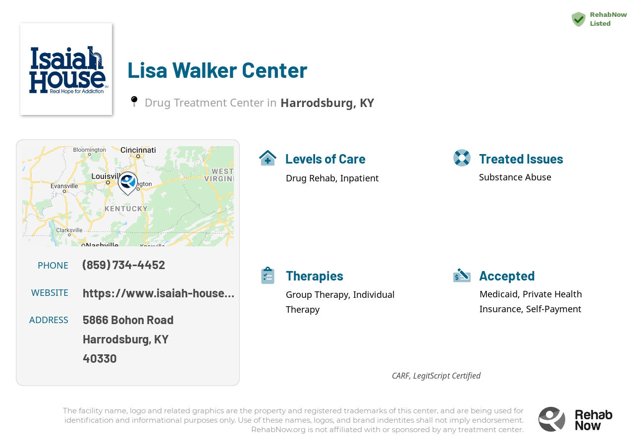 Helpful reference information for Lisa Walker Center, a drug treatment center in Kentucky located at: 5866 Bohon Road, Harrodsburg, KY, 40330, including phone numbers, official website, and more. Listed briefly is an overview of Levels of Care, Therapies Offered, Issues Treated, and accepted forms of Payment Methods.