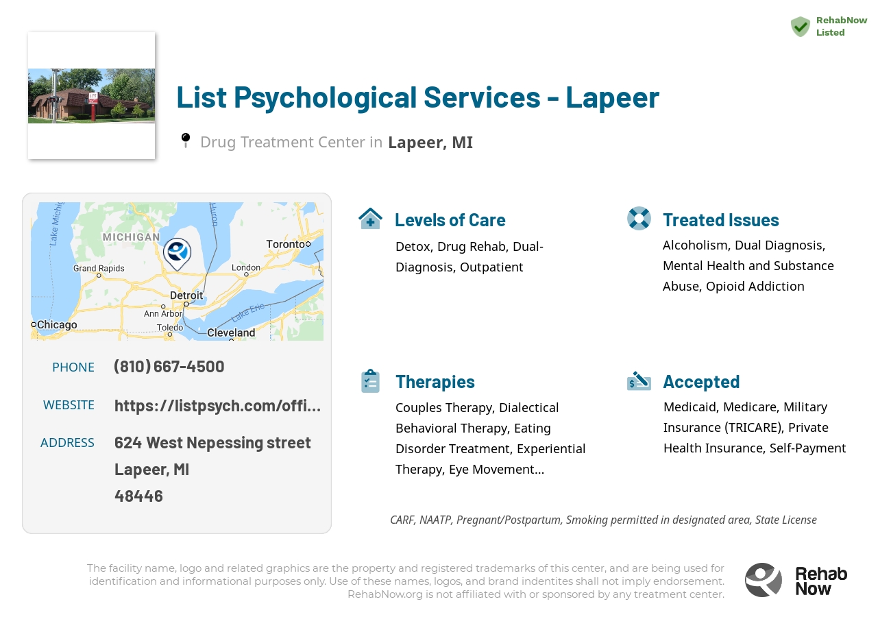 Helpful reference information for List Psychological Services - Lapeer, a drug treatment center in Michigan located at: 624 West Nepessing street, Lapeer, MI, 48446, including phone numbers, official website, and more. Listed briefly is an overview of Levels of Care, Therapies Offered, Issues Treated, and accepted forms of Payment Methods.