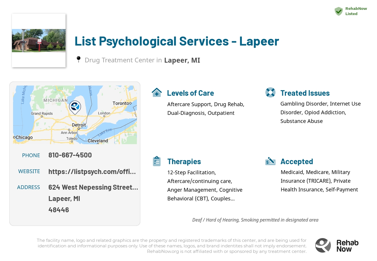 Helpful reference information for List Psychological Services - Lapeer, a drug treatment center in Michigan located at: 624 West Nepessing Street Suite 300, Lapeer, MI 48446, including phone numbers, official website, and more. Listed briefly is an overview of Levels of Care, Therapies Offered, Issues Treated, and accepted forms of Payment Methods.
