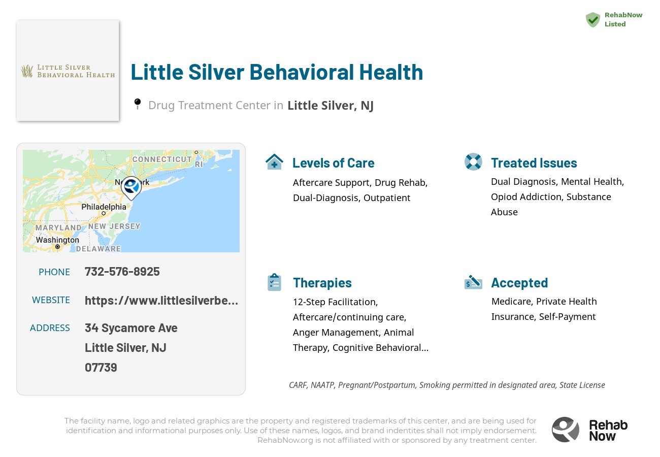 Helpful reference information for Little Silver Behavioral Health, a drug treatment center in New Jersey located at: 34 Sycamore Ave, Little Silver, NJ 07739, including phone numbers, official website, and more. Listed briefly is an overview of Levels of Care, Therapies Offered, Issues Treated, and accepted forms of Payment Methods.