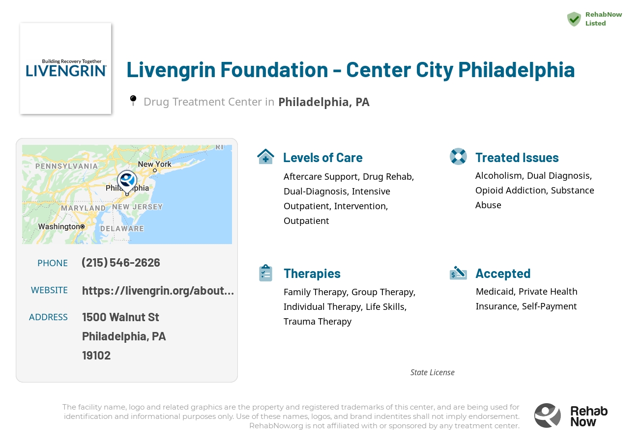 Helpful reference information for Livengrin Foundation - Center City Philadelphia, a drug treatment center in Pennsylvania located at: 1500 Walnut St, Philadelphia, PA 19102, including phone numbers, official website, and more. Listed briefly is an overview of Levels of Care, Therapies Offered, Issues Treated, and accepted forms of Payment Methods.