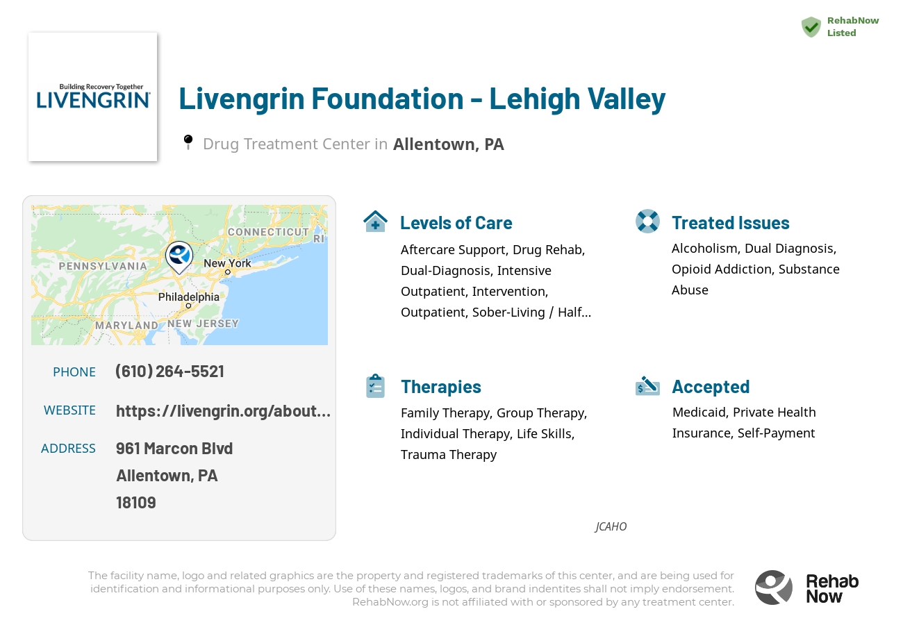 Helpful reference information for Livengrin Foundation - Lehigh Valley, a drug treatment center in Pennsylvania located at: 961 Marcon Blvd, Allentown, PA 18109, including phone numbers, official website, and more. Listed briefly is an overview of Levels of Care, Therapies Offered, Issues Treated, and accepted forms of Payment Methods.
