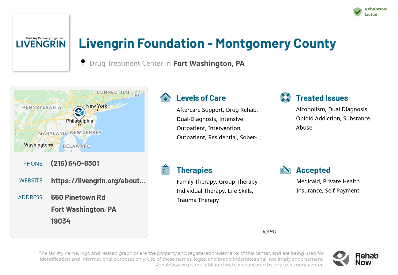 Helpful reference information for Livengrin Foundation - Montgomery County, a drug treatment center in Pennsylvania located at: 550 Pinetown Rd, Fort Washington, PA 19034, including phone numbers, official website, and more. Listed briefly is an overview of Levels of Care, Therapies Offered, Issues Treated, and accepted forms of Payment Methods.