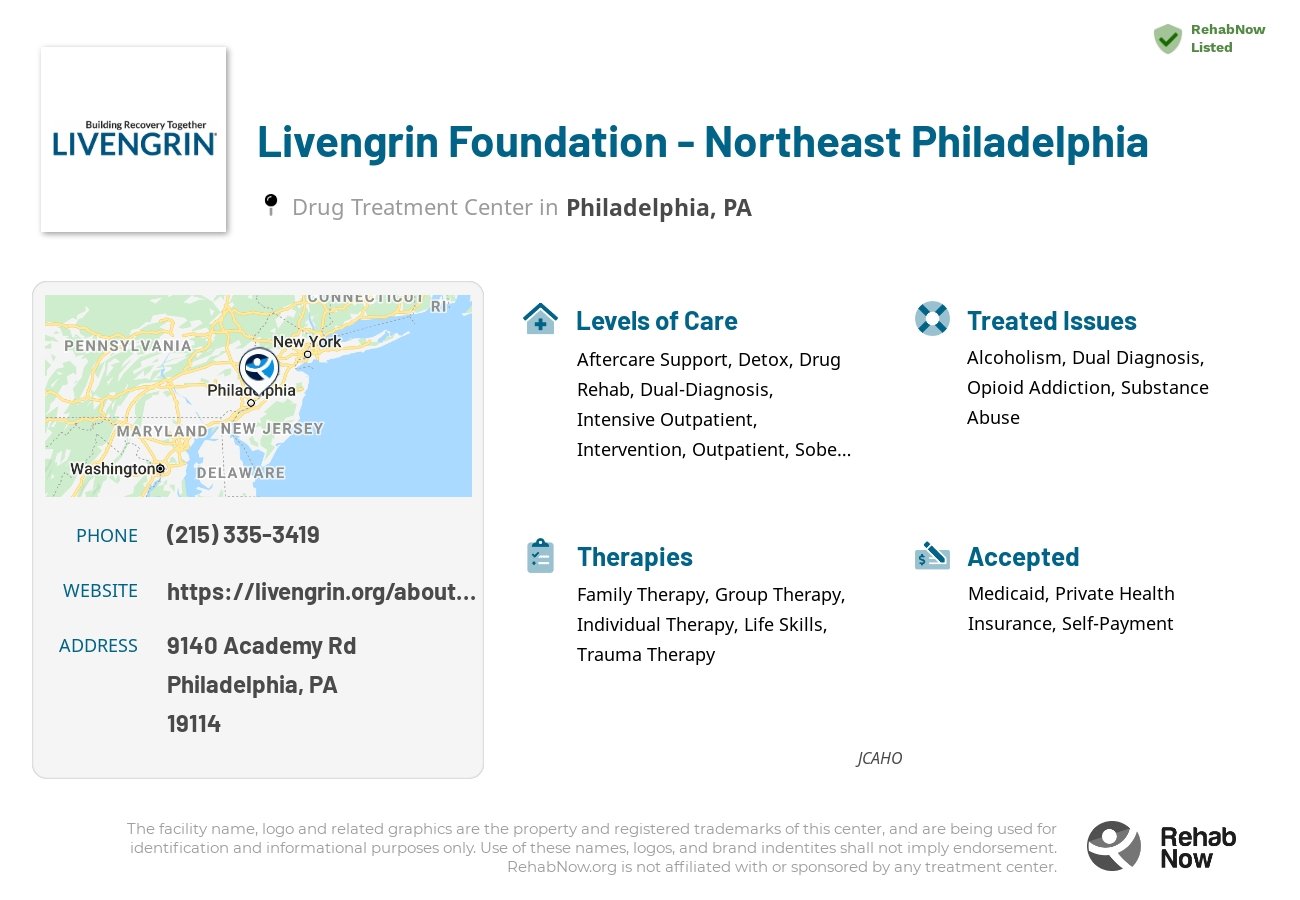 Helpful reference information for Livengrin Foundation - Northeast Philadelphia, a drug treatment center in Pennsylvania located at: 9140 Academy Rd, Philadelphia, PA 19114, including phone numbers, official website, and more. Listed briefly is an overview of Levels of Care, Therapies Offered, Issues Treated, and accepted forms of Payment Methods.