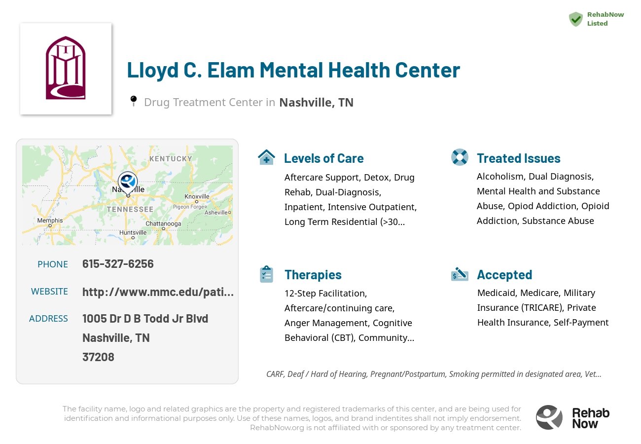 Helpful reference information for Lloyd C. Elam Mental Health Center, a drug treatment center in Tennessee located at: 1005 Dr D B Todd Jr Blvd, Nashville, TN 37208, including phone numbers, official website, and more. Listed briefly is an overview of Levels of Care, Therapies Offered, Issues Treated, and accepted forms of Payment Methods.