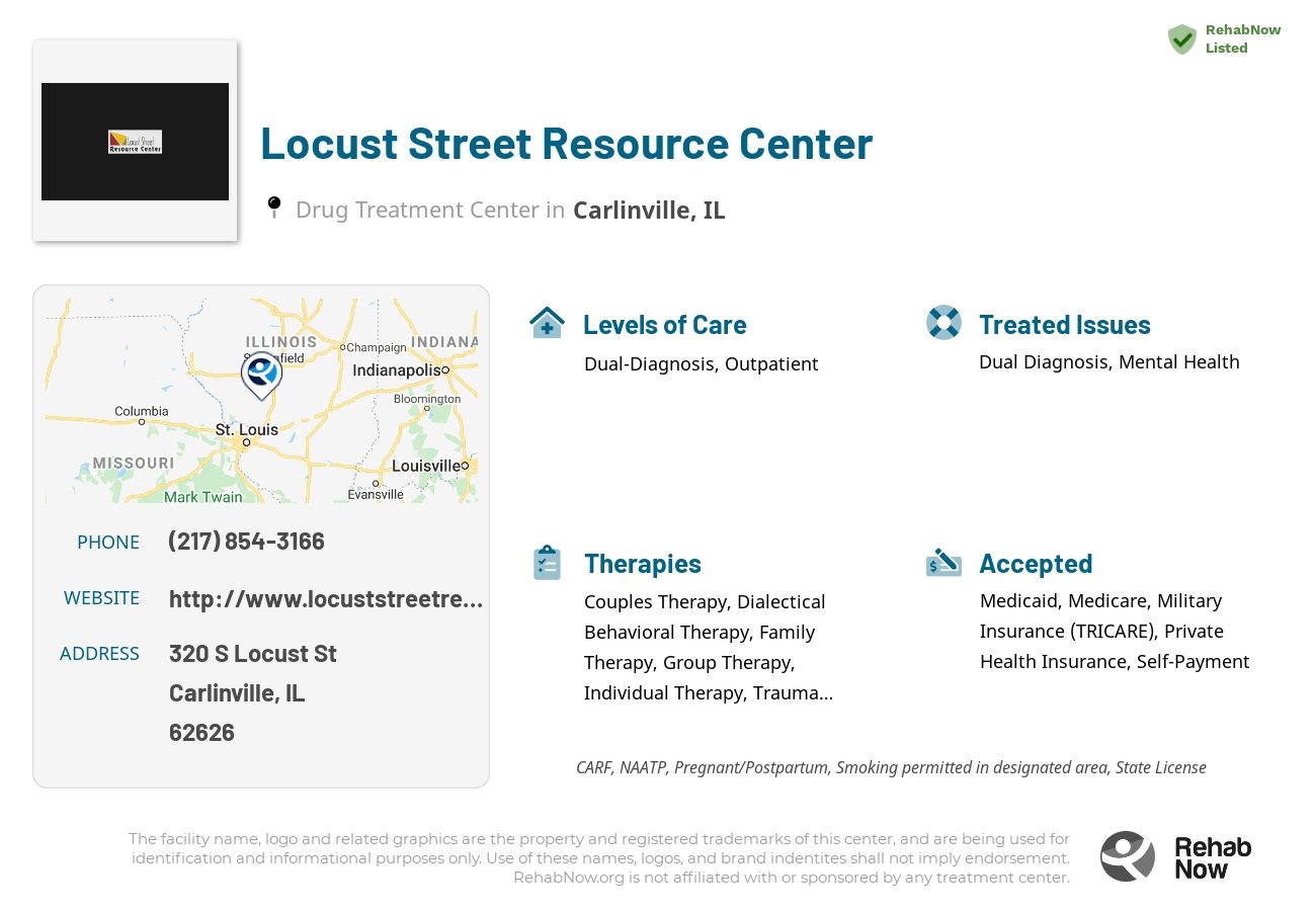 Helpful reference information for Locust Street Resource Center, a drug treatment center in Illinois located at: 320 S Locust St, Carlinville, IL 62626, including phone numbers, official website, and more. Listed briefly is an overview of Levels of Care, Therapies Offered, Issues Treated, and accepted forms of Payment Methods.