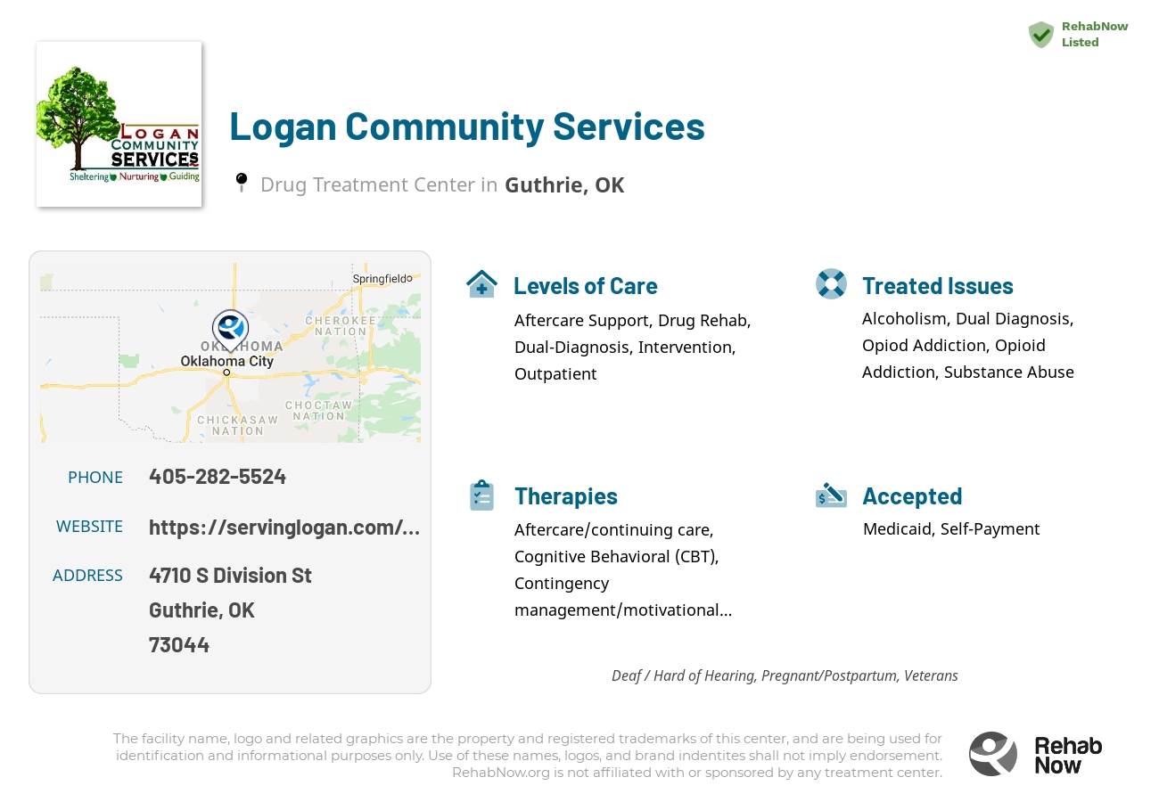 Helpful reference information for Logan Community Services, a drug treatment center in Oklahoma located at: 4710 S Division St, Guthrie, OK 73044, including phone numbers, official website, and more. Listed briefly is an overview of Levels of Care, Therapies Offered, Issues Treated, and accepted forms of Payment Methods.