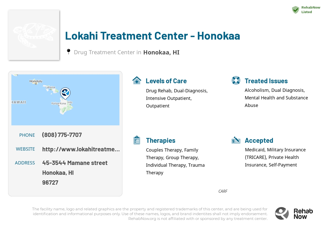 Helpful reference information for Lokahi Treatment Center - Honokaa, a drug treatment center in Hawaii located at: 45-3544 Mamane street, Honokaa, HI, 96727, including phone numbers, official website, and more. Listed briefly is an overview of Levels of Care, Therapies Offered, Issues Treated, and accepted forms of Payment Methods.