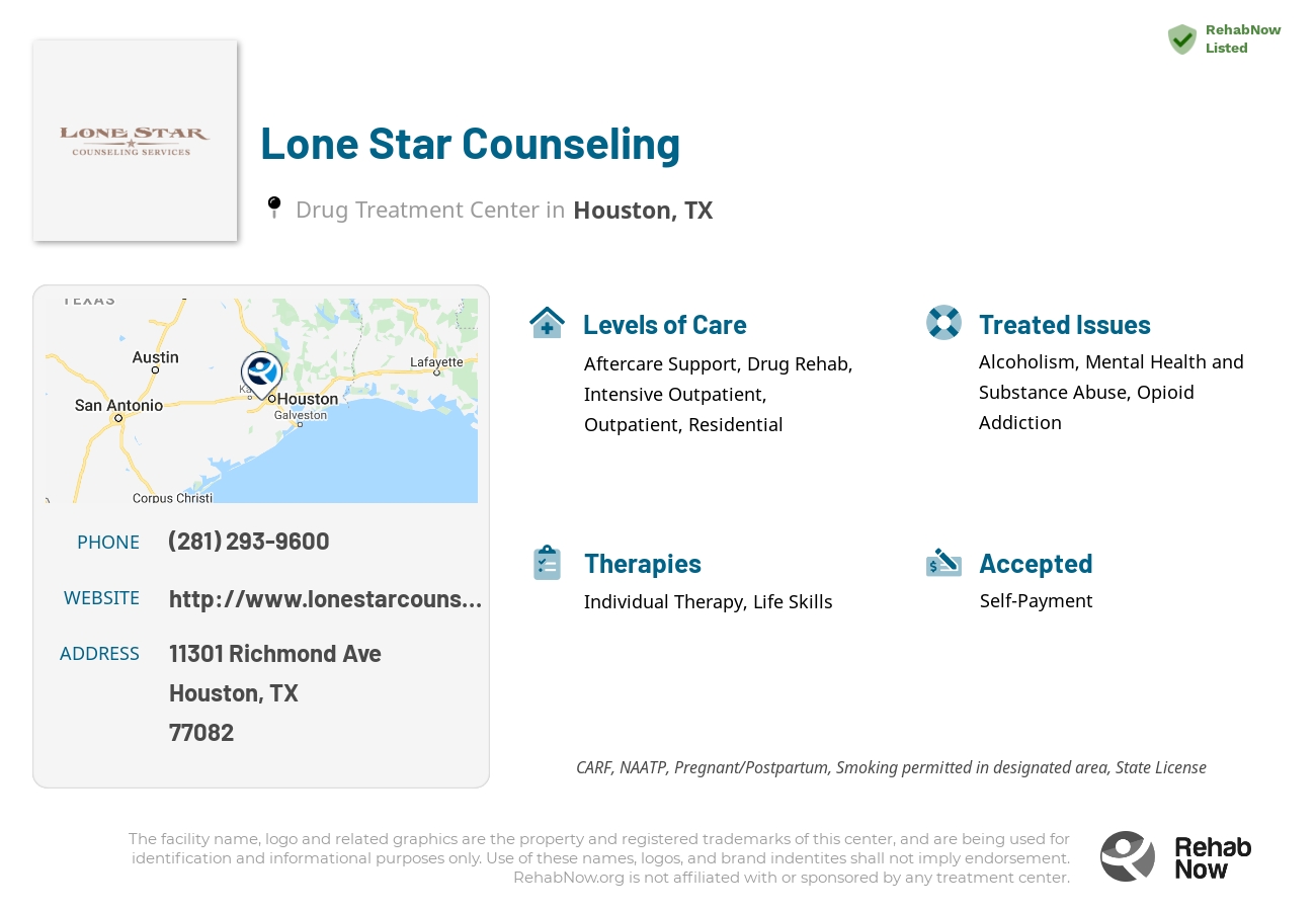 Helpful reference information for Lone Star Counseling, a drug treatment center in Texas located at: 11301 Richmond Ave, Houston, TX 77082, including phone numbers, official website, and more. Listed briefly is an overview of Levels of Care, Therapies Offered, Issues Treated, and accepted forms of Payment Methods.