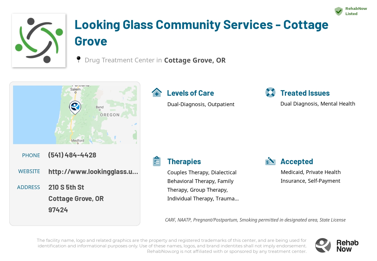 Helpful reference information for Looking Glass Community Services - Cottage Grove, a drug treatment center in Oregon located at: 210 S 5th St, Cottage Grove, OR 97424, including phone numbers, official website, and more. Listed briefly is an overview of Levels of Care, Therapies Offered, Issues Treated, and accepted forms of Payment Methods.